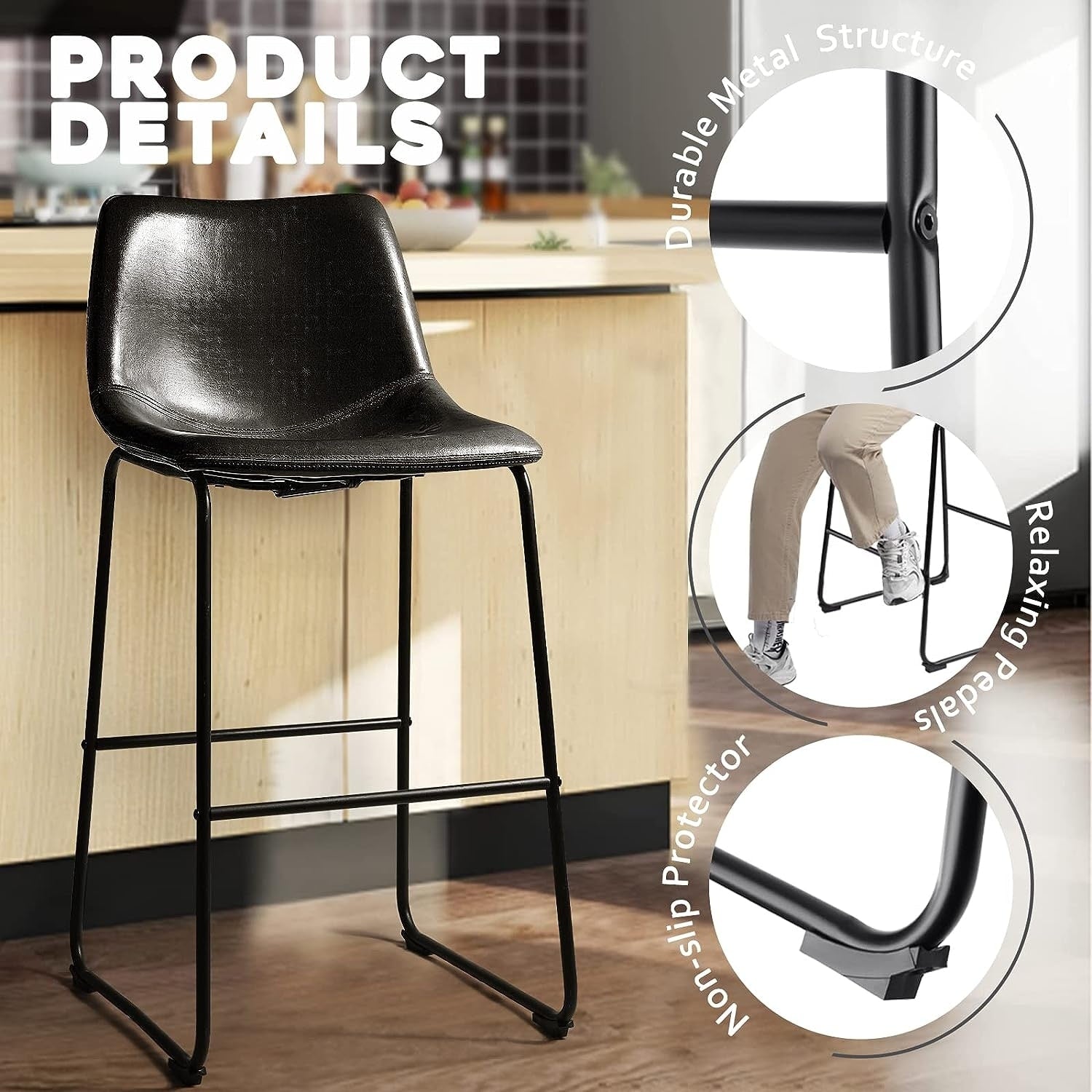 Tabourets de bar Bossin 18/26/30 pouces, tabourets de bar à hauteur de comptoir avec dossier, tabourets modernes en cuir PU, chaise de salle à manger avec repose-pieds