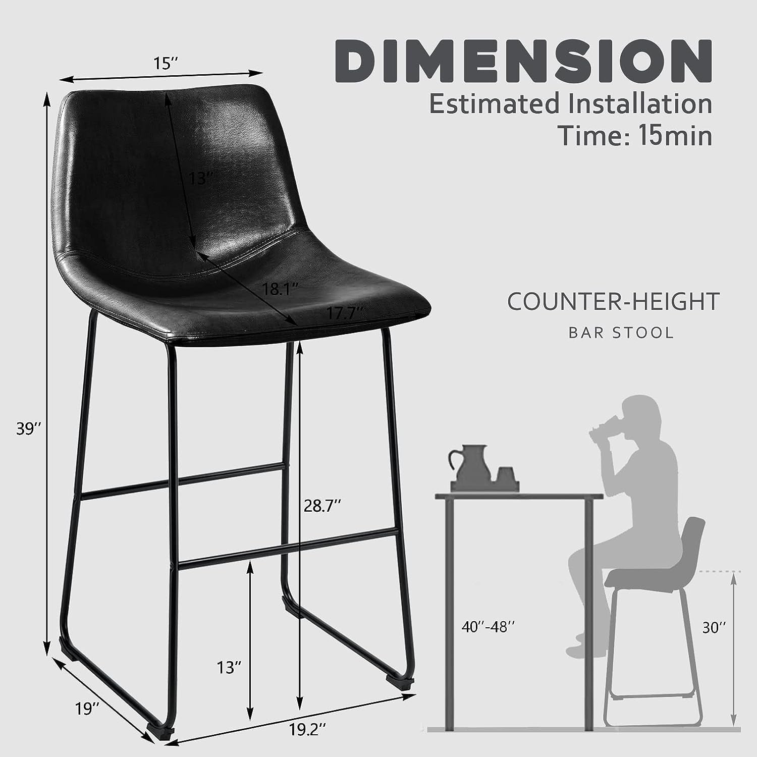 Tabourets de bar Bossin 18/26/30 pouces, tabourets de bar à hauteur de comptoir avec dossier, tabourets modernes en cuir PU, chaise de salle à manger avec repose-pieds