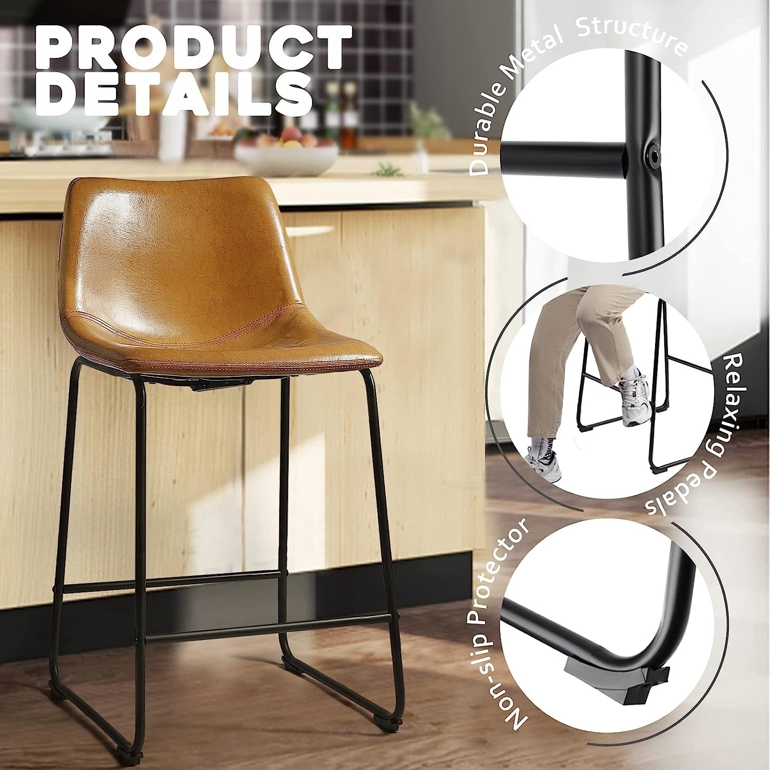 Tabourets de bar Bossin 18/26/30 pouces, tabourets de bar à hauteur de comptoir avec dossier, tabourets modernes en cuir PU, chaise de salle à manger avec repose-pieds