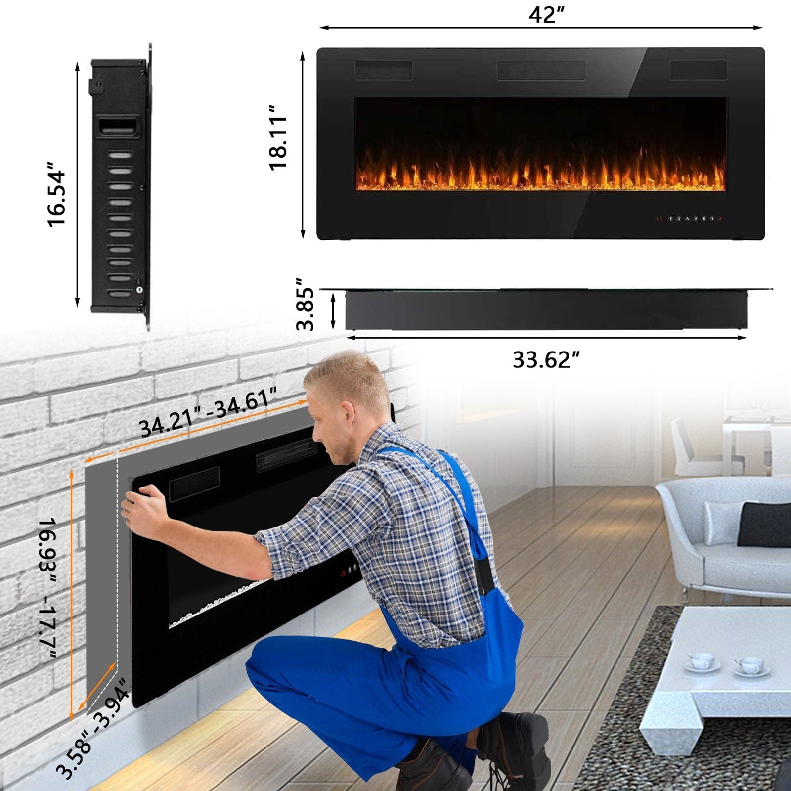 Bossin 30 to 72 inch Electric Fireplace Ultra-Thin and Silence Linear Recessed Wall Mounted Fireplace with Remote Control