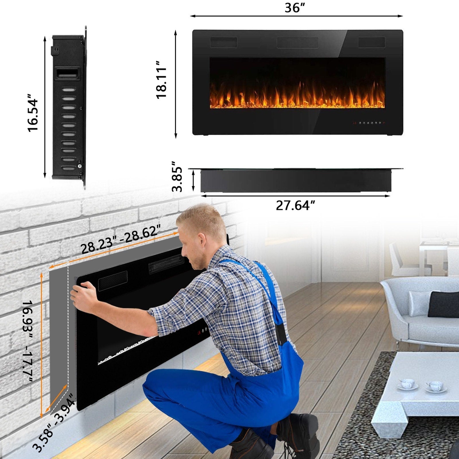 Bossin 30 to 72 inch Electric Fireplace Ultra-Thin and Silence Linear Recessed Wall Mounted Fireplace with Remote Control