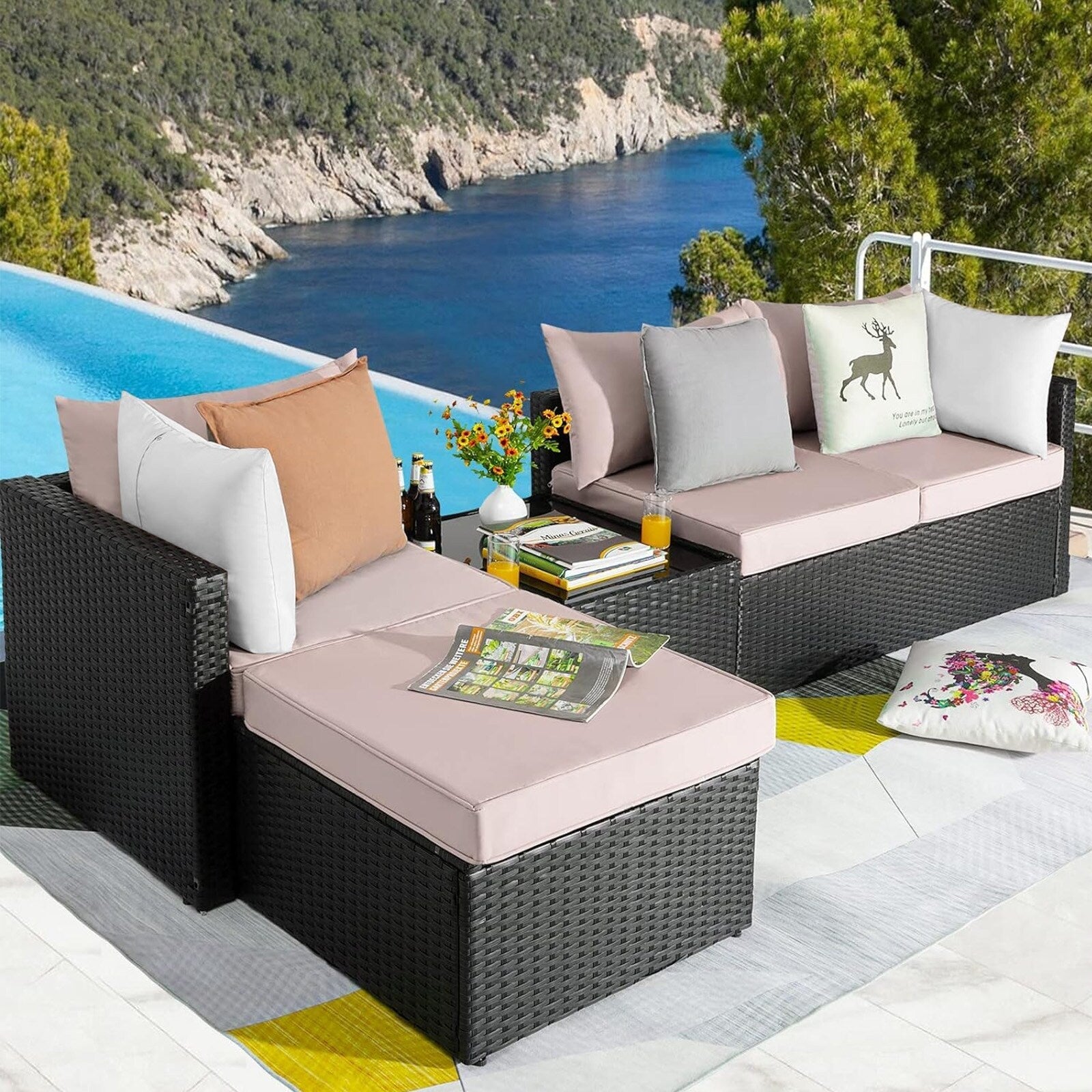 Ensemble de meubles de jardin Bossin 5 pièces, canapé de jardin, ensemble de conversation en osier pour l'extérieur et l'intérieur avec table