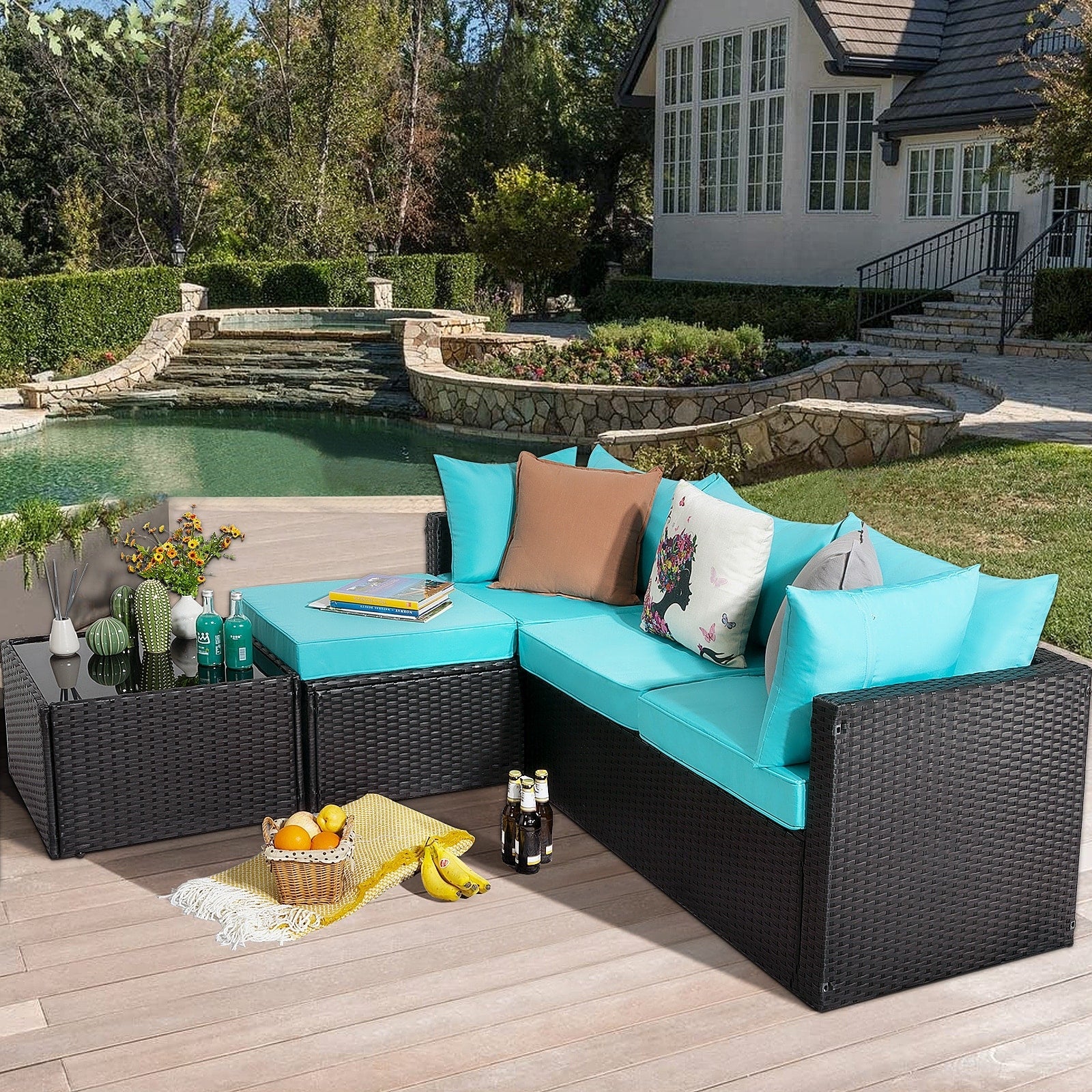 Ensemble de meubles de jardin Bossin 5 pièces, canapé de jardin, ensemble de conversation en osier pour l'extérieur et l'intérieur avec table