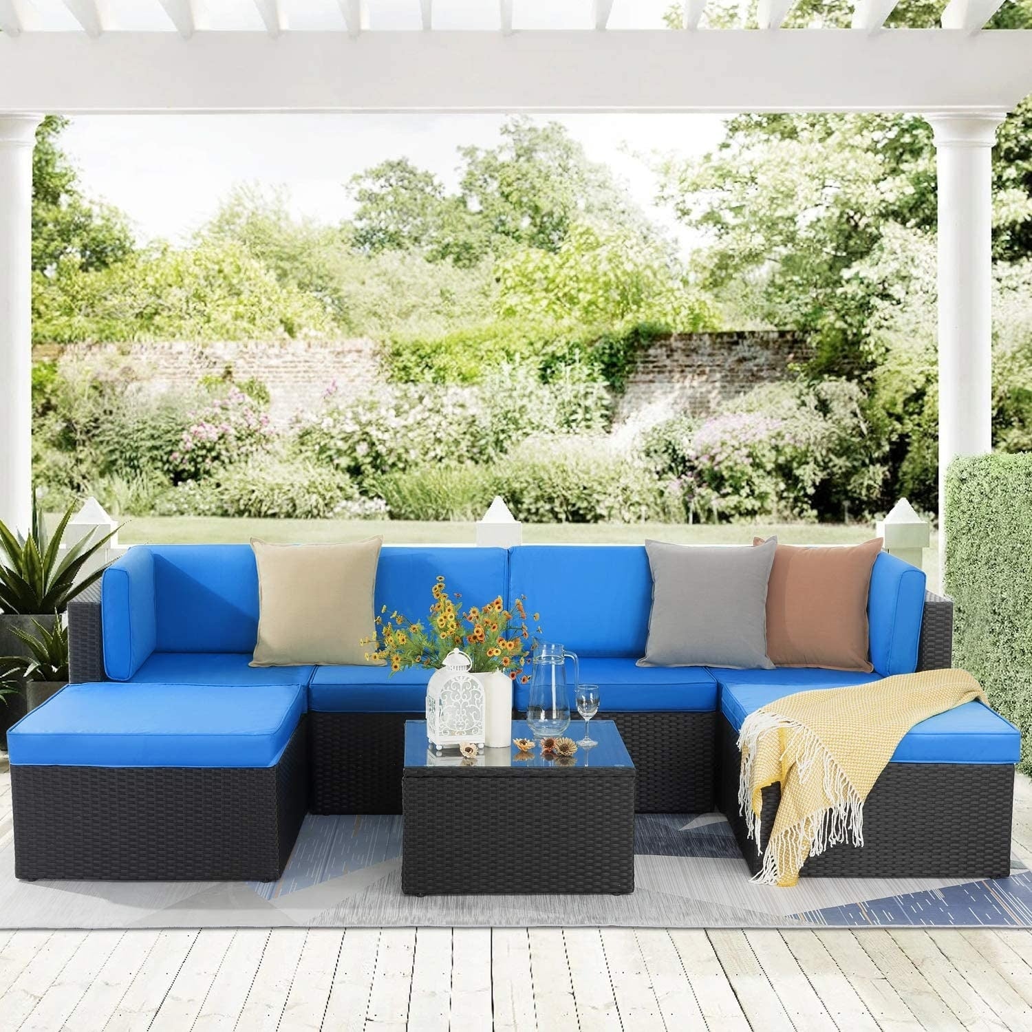 Ensemble de meubles de jardin Bossin 7 pièces, canapé d'extérieur sectionnel, canapé en rotin avec coussins lavables et table en verre