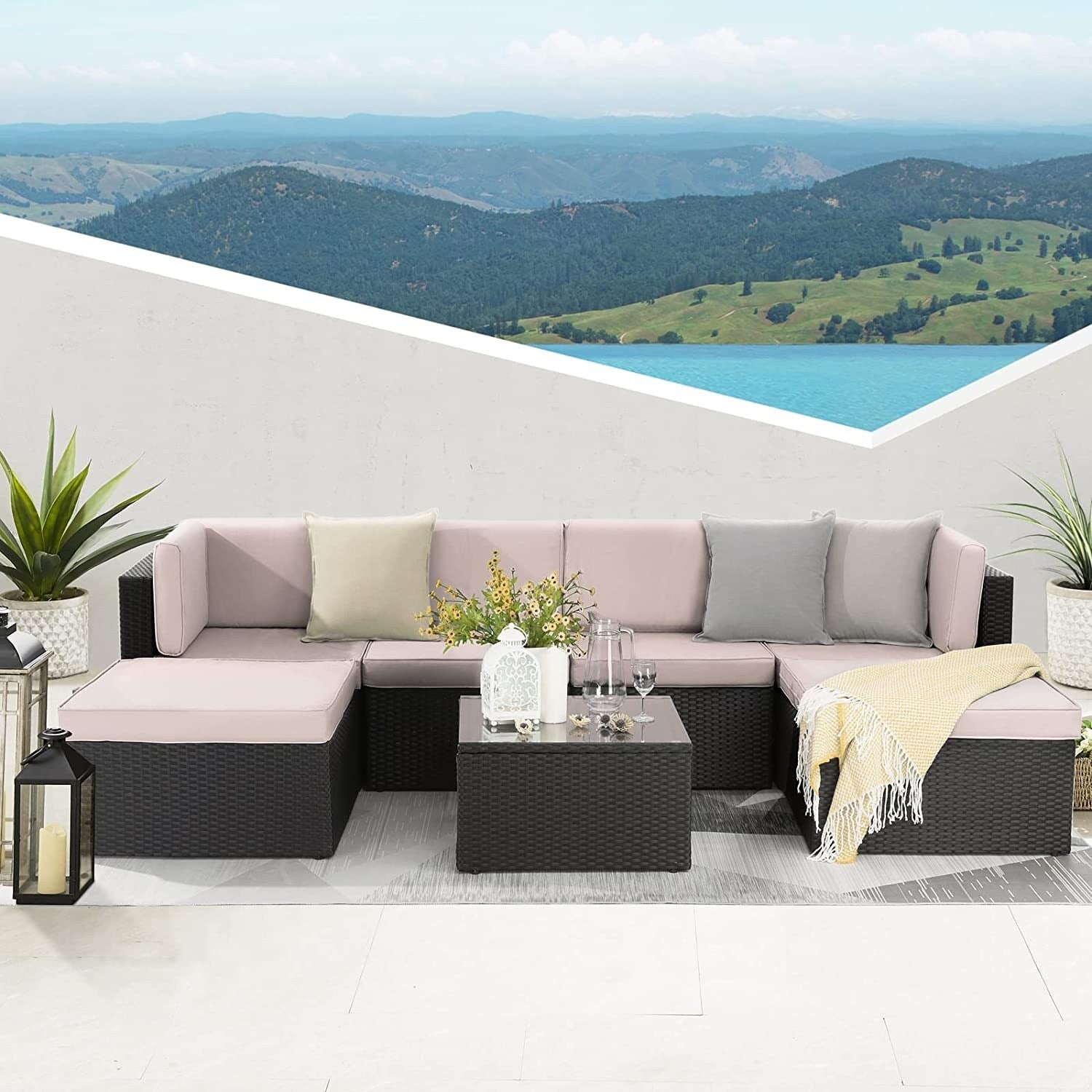 Ensemble de meubles de jardin Bossin 7 pièces, canapé d'extérieur sectionnel, canapé en rotin avec coussins lavables et table en verre