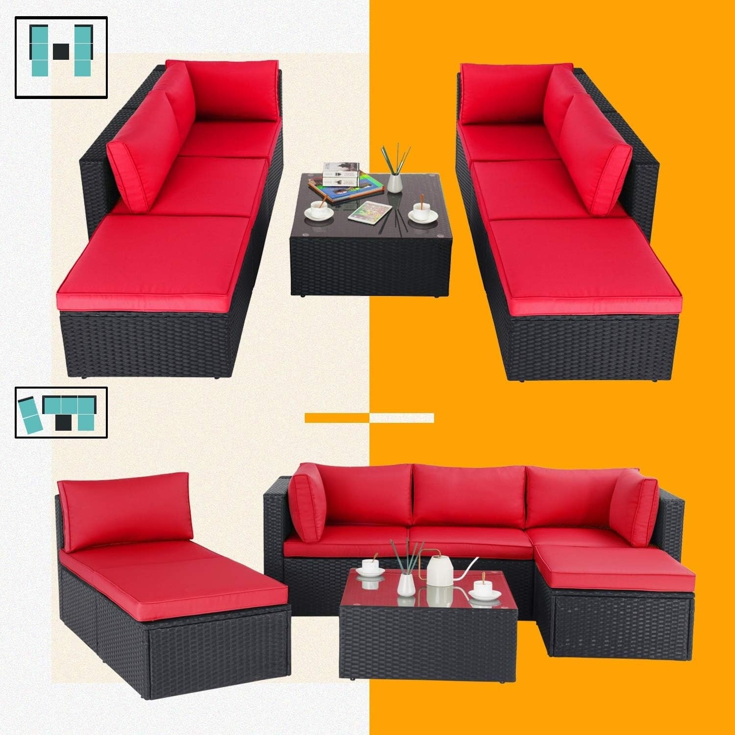 Ensemble de meubles de jardin Bossin 7 pièces, canapé d'extérieur sectionnel, canapé en rotin avec coussins lavables et table en verre