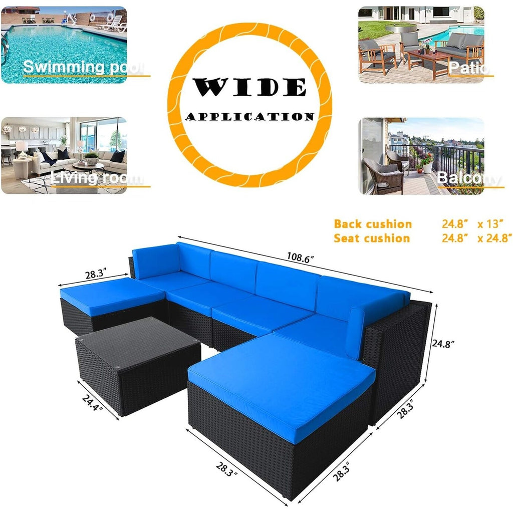 Ensemble de meubles de jardin Bossin 7 pièces, canapé d'extérieur sectionnel, canapé en rotin avec coussins lavables et table en verre