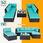 Ensemble de meubles de jardin Bossin 7 pièces, canapé d'extérieur sectionnel, canapé en rotin avec coussins lavables et table en verre