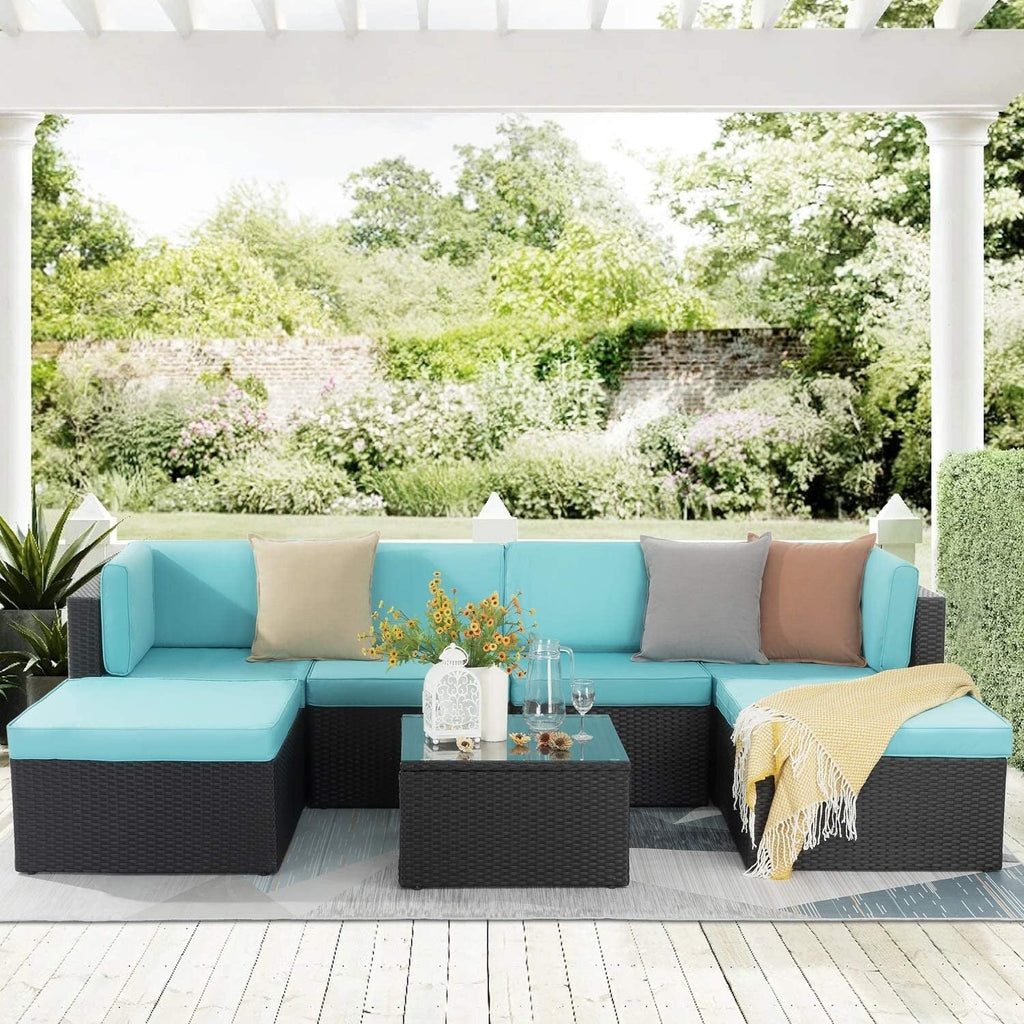 Ensemble de meubles de jardin Bossin 7 pièces, canapé d'extérieur sectionnel, canapé en rotin avec coussins lavables et table en verre