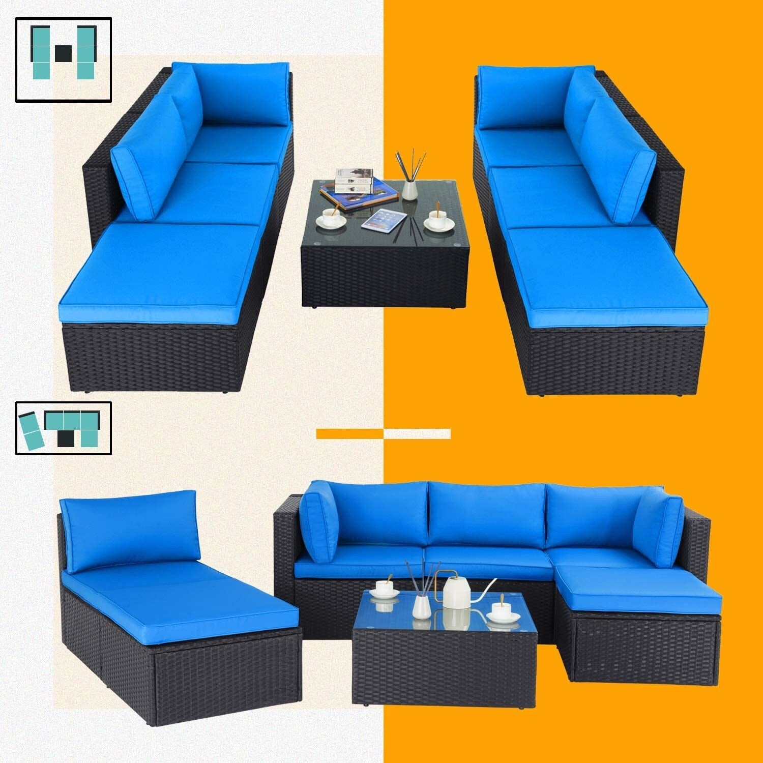 Ensemble de meubles de jardin Bossin 7 pièces, canapé d'extérieur sectionnel, canapé en rotin avec coussins lavables et table en verre