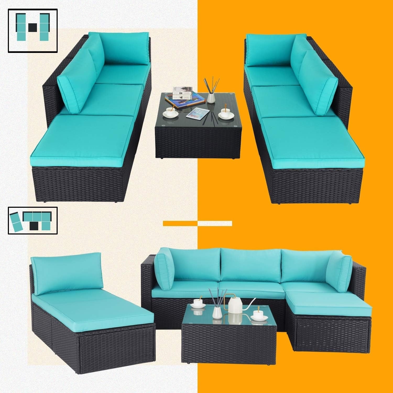 Ensemble de meubles de jardin Bossin 7 pièces, canapé d'extérieur sectionnel, canapé en rotin avec coussins lavables et table en verre