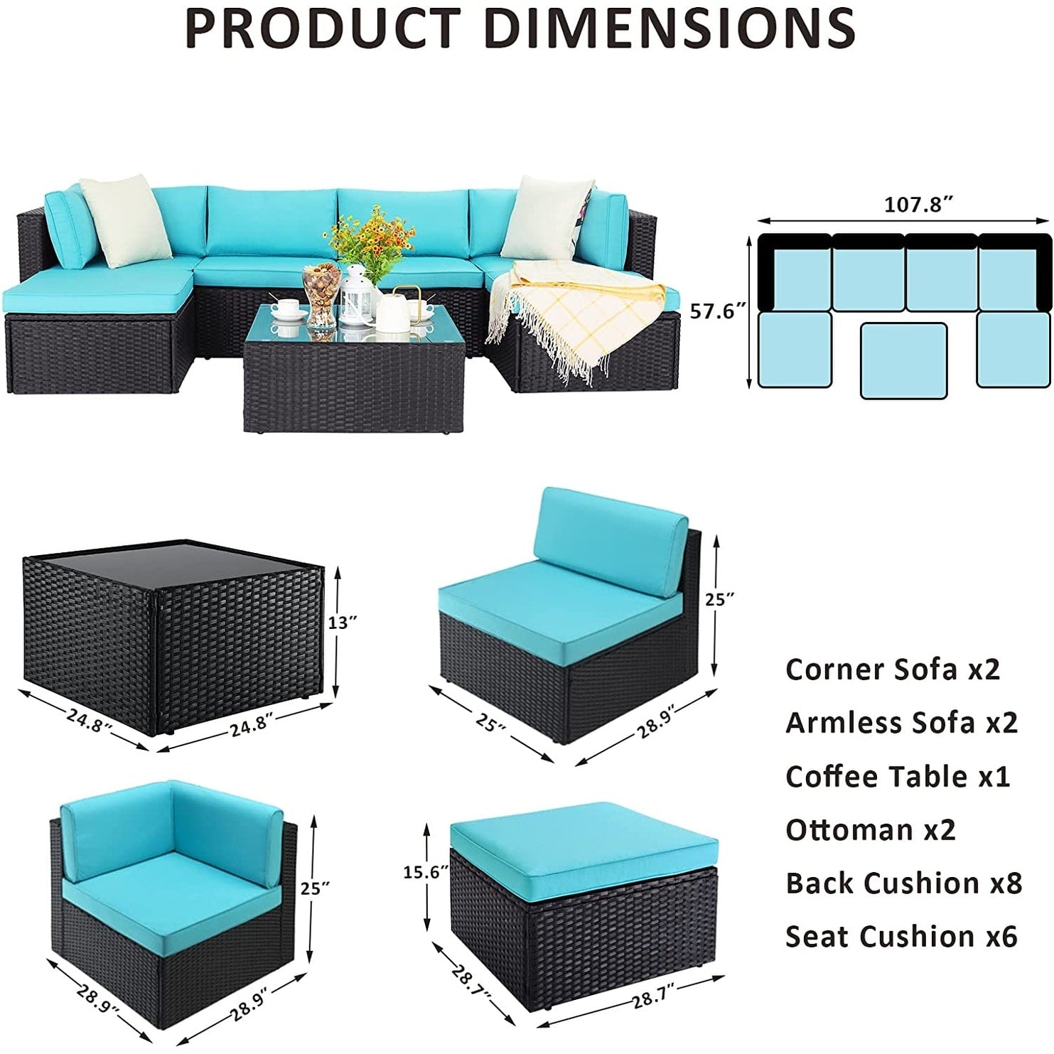 Ensemble de meubles de jardin Bossin 7 pièces, canapé d'extérieur sectionnel, canapé en rotin avec coussins lavables et table en verre