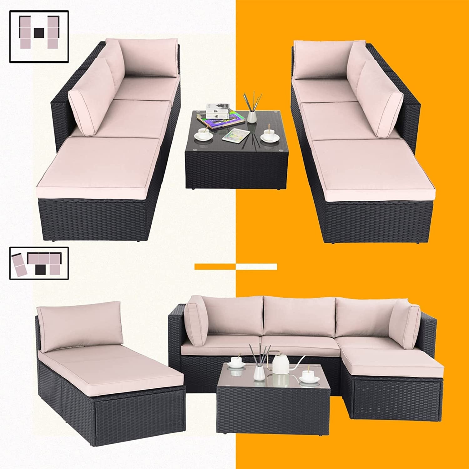 Ensemble de meubles de jardin Bossin 7 pièces, canapé d'extérieur sectionnel, canapé en rotin avec coussins lavables et table en verre