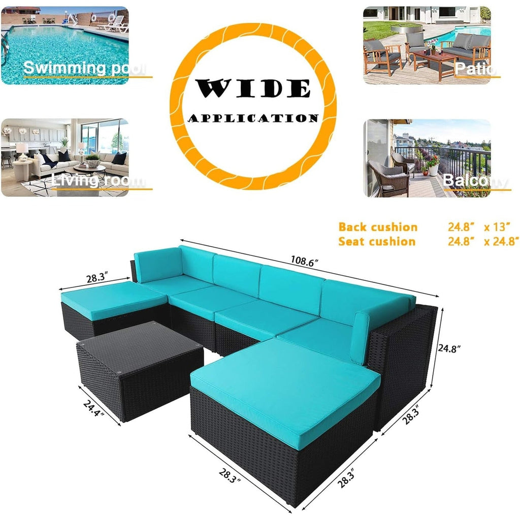 Ensemble de meubles de jardin Bossin 7 pièces, canapé d'extérieur sectionnel, canapé en rotin avec coussins lavables et table en verre