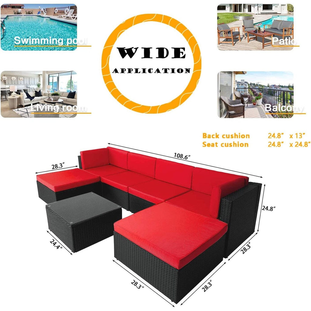 Ensemble de meubles de jardin Bossin 7 pièces, canapé d'extérieur sectionnel, canapé en rotin avec coussins lavables et table en verre