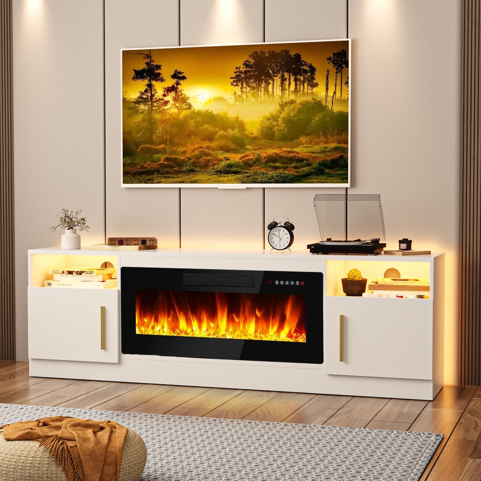 Meuble TV Bossin 70 avec cheminée électrique de 36 pouces, meuble TV pour téléviseurs jusqu'à 80 pouces, éclairage LED 16 couleurs/centre de divertissement
