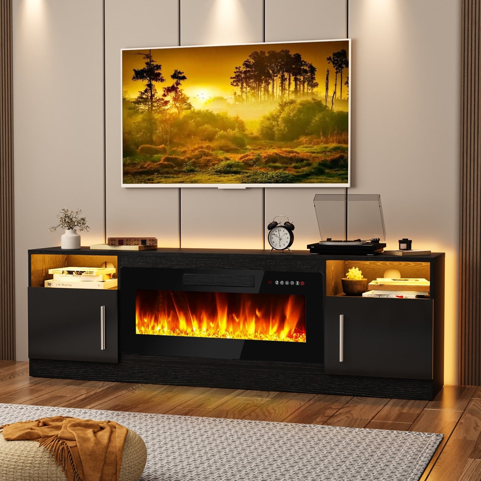 Meuble TV Bossin 70 avec cheminée électrique de 36 pouces, meuble TV pour téléviseurs jusqu'à 80 pouces, éclairage LED 16 couleurs/centre de divertissement