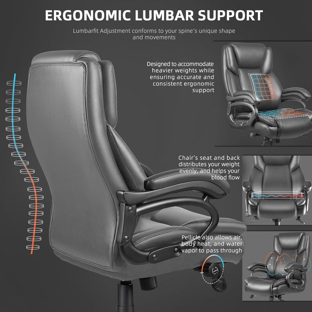 Chaise de bureau exécutive Bossin Big and Tall, chaise ergonomique à soutien lombaire réglable de 500 lb avec dossier haut en cuir PU pour ordinateur