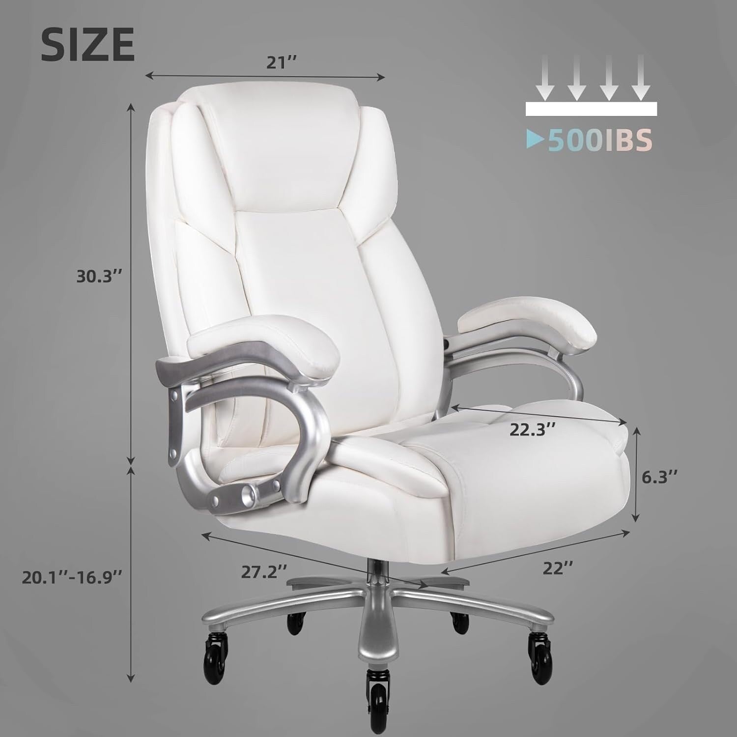 Chaise de bureau exécutive Bossin Big and Tall, chaise ergonomique à soutien lombaire réglable de 500 lb avec dossier haut en cuir PU pour ordinateur