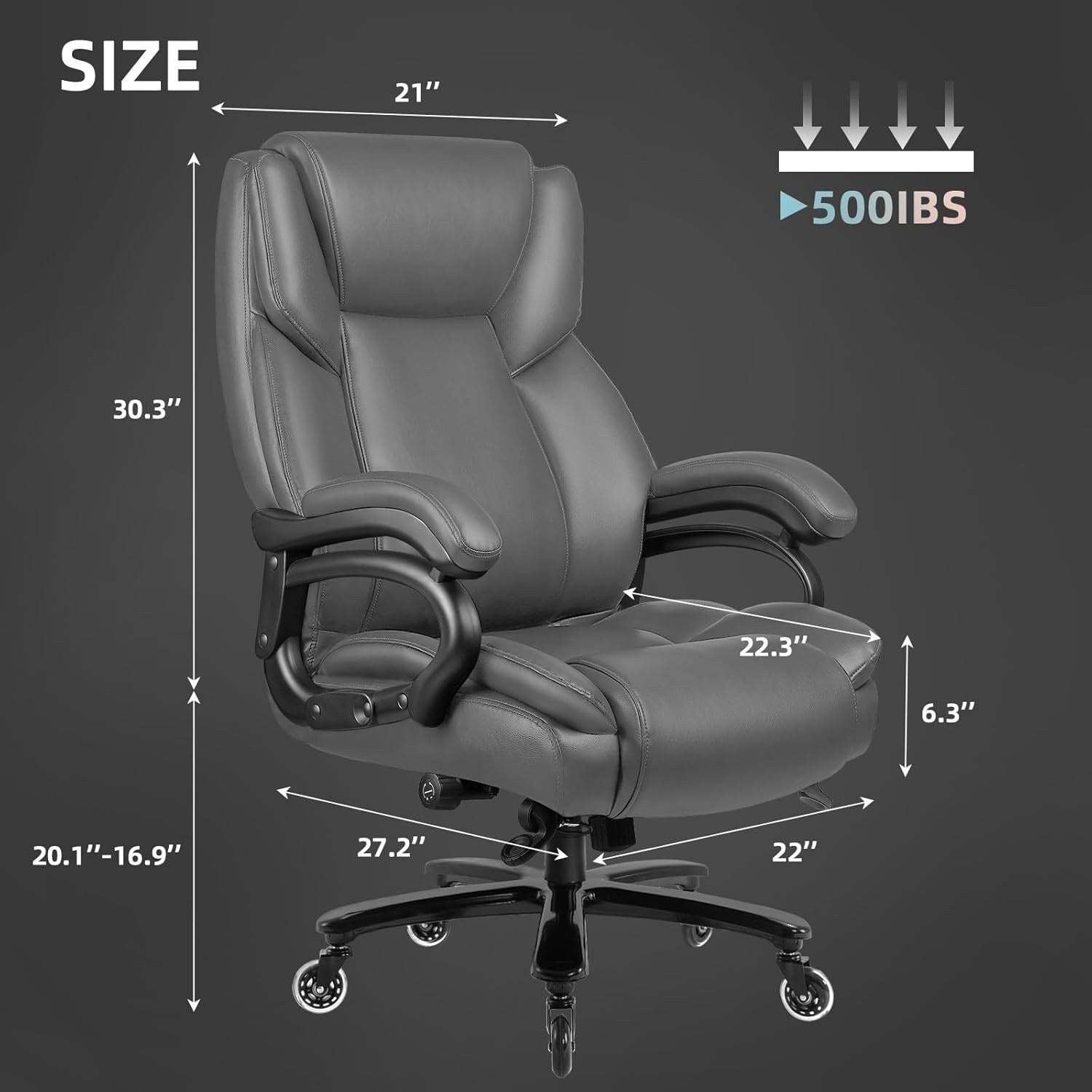 Chaise de bureau exécutive Bossin Big and Tall, chaise ergonomique à soutien lombaire réglable de 500 lb avec dossier haut en cuir PU pour ordinateur