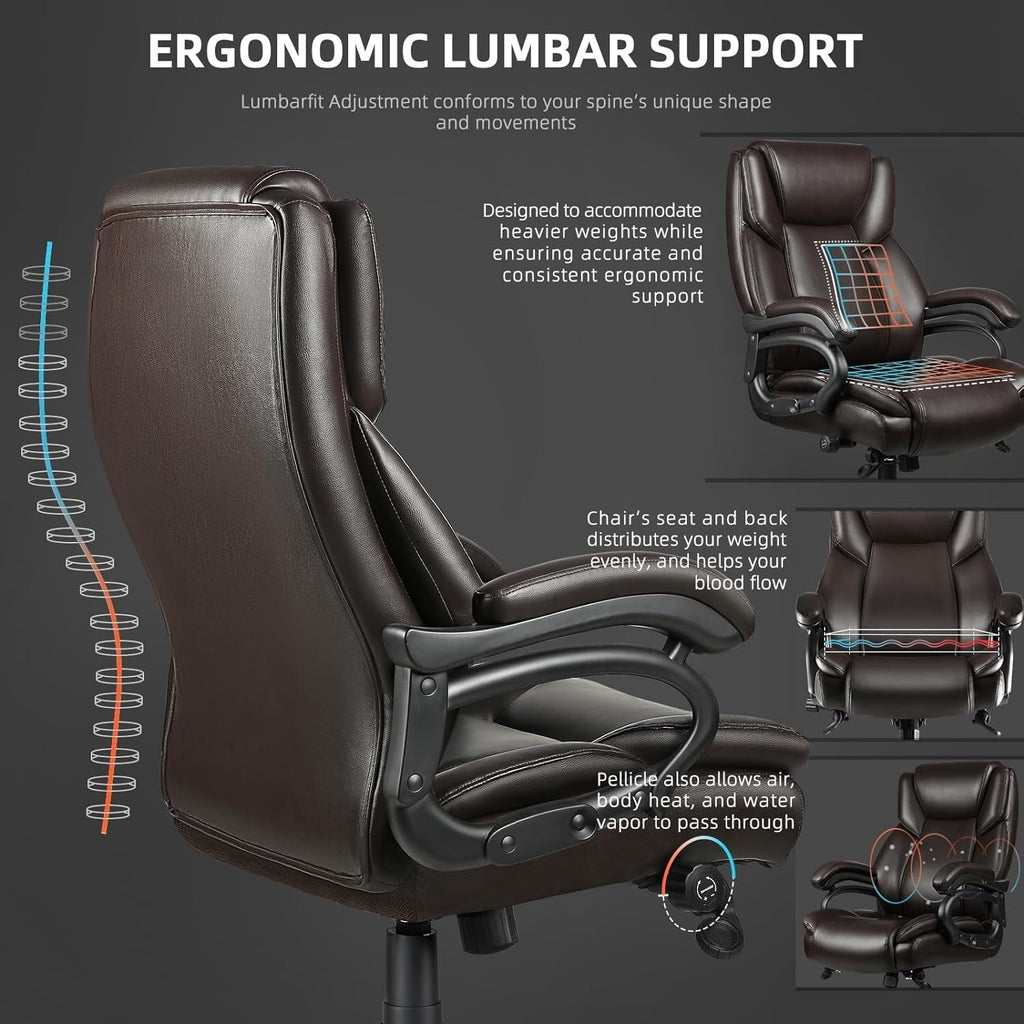 Chaise de bureau exécutive Bossin Big and Tall, chaise ergonomique à soutien lombaire réglable de 500 lb avec dossier haut en cuir PU pour ordinateur