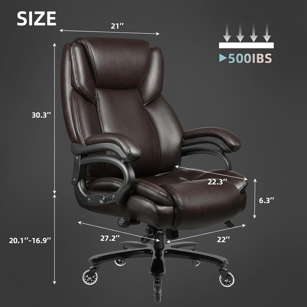 Chaise de bureau exécutive Bossin Big and Tall, chaise ergonomique à soutien lombaire réglable de 500 lb avec dossier haut en cuir PU pour ordinateur