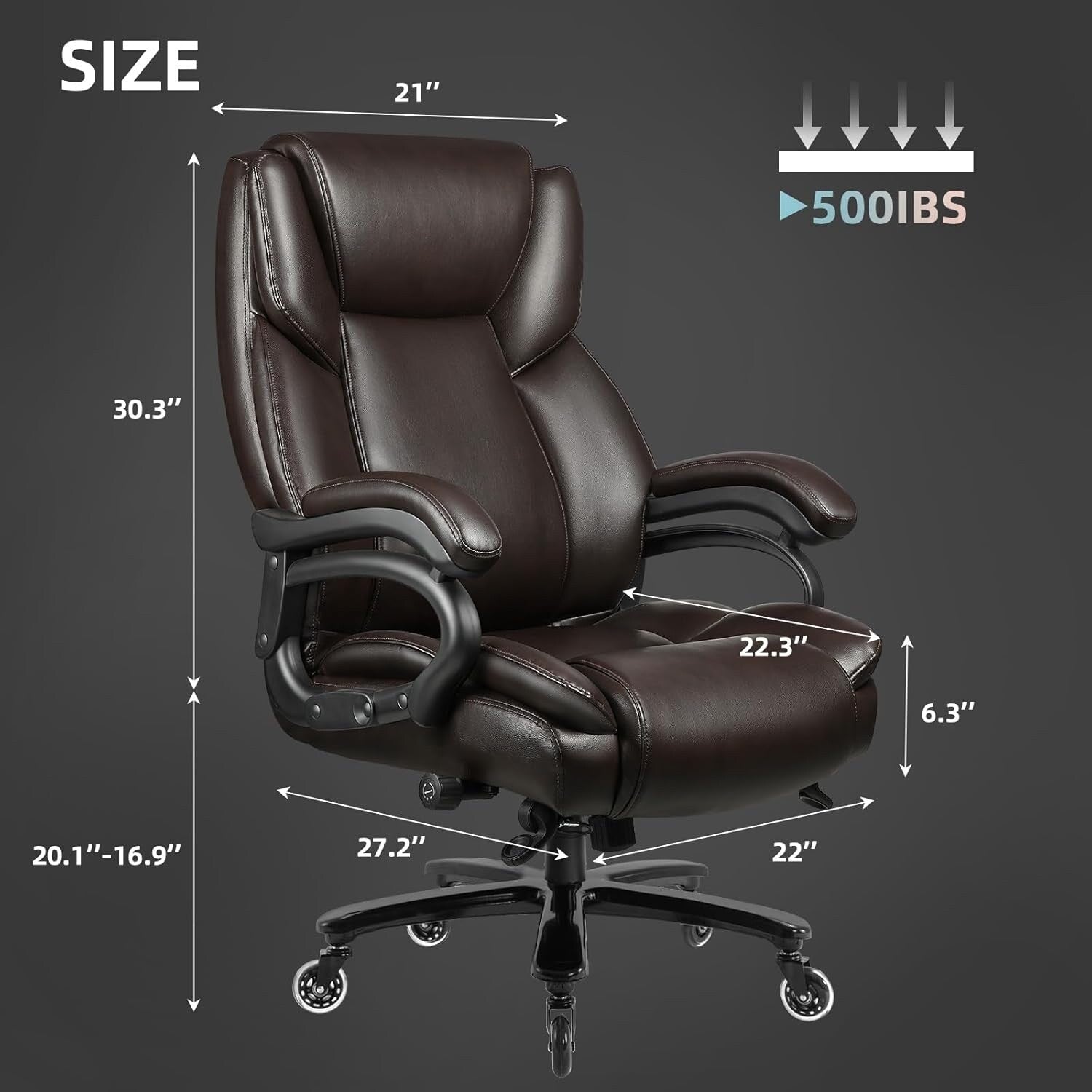 Chaise de bureau exécutive Bossin Big and Tall, chaise ergonomique à soutien lombaire réglable de 500 lb avec dossier haut en cuir PU pour ordinateur