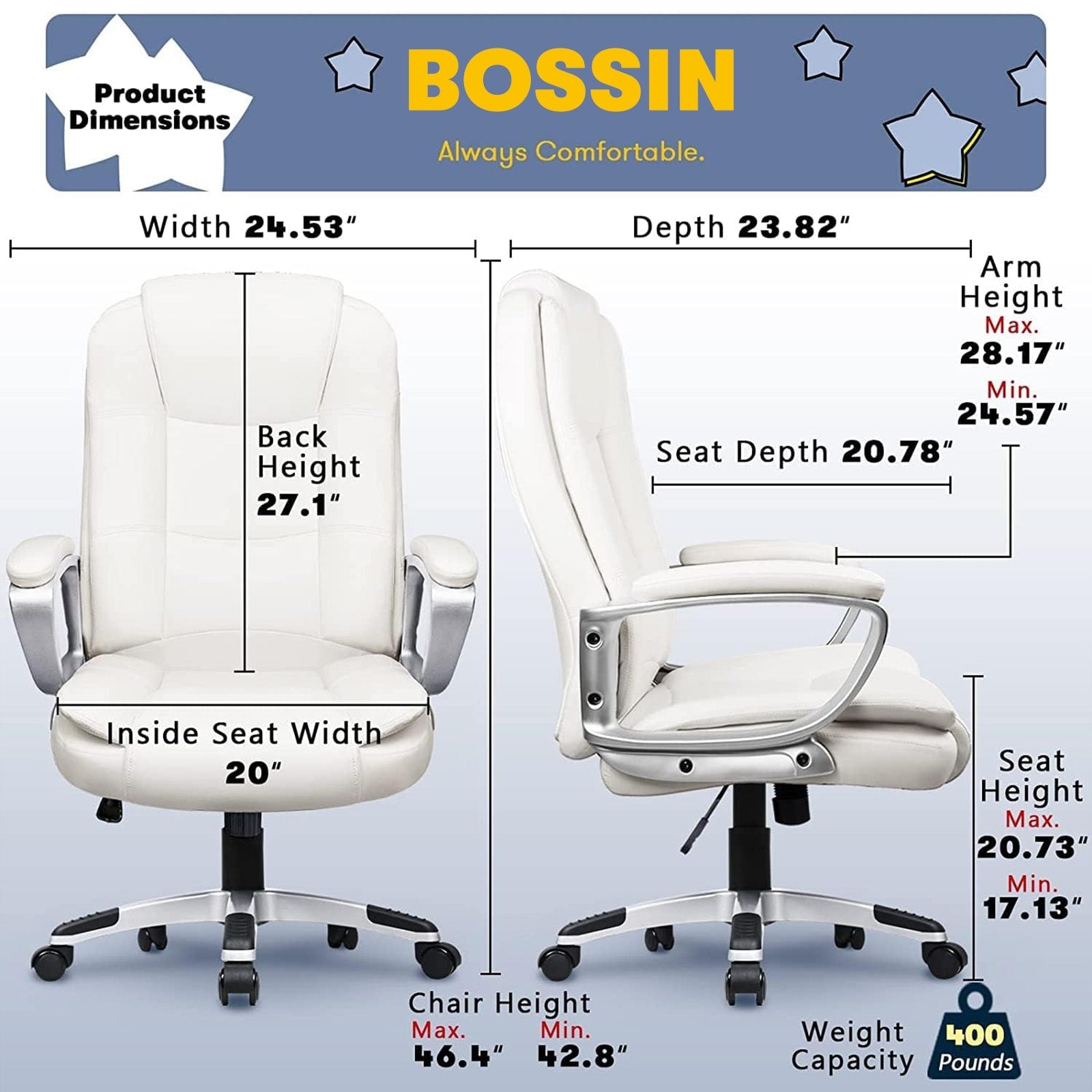 Chaise de bureau Bossin Big and Tall, chaise de direction à dossier haut, chaise de direction ergonomique réglable en cuir, 400 lb