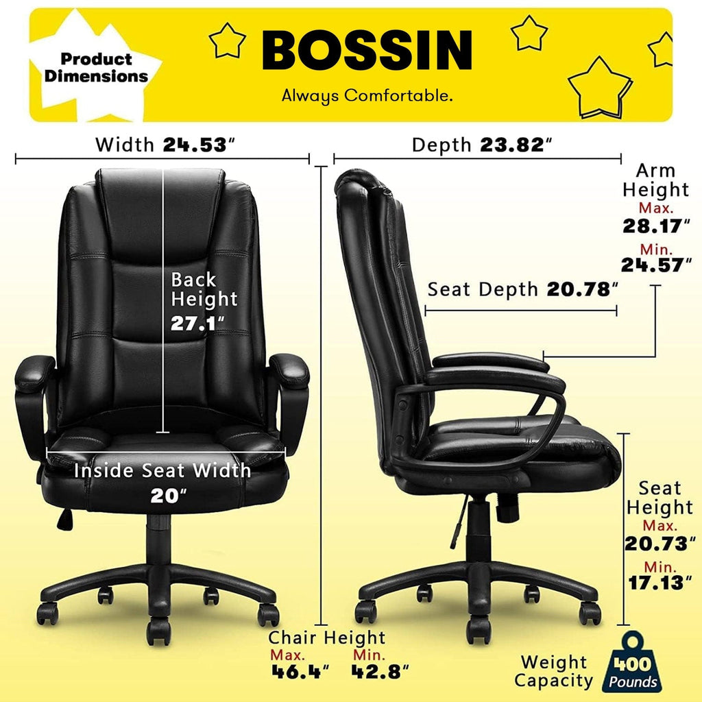 Chaise de bureau Bossin Big and Tall, chaise de direction à dossier haut, chaise de direction ergonomique réglable en cuir, 400 lb