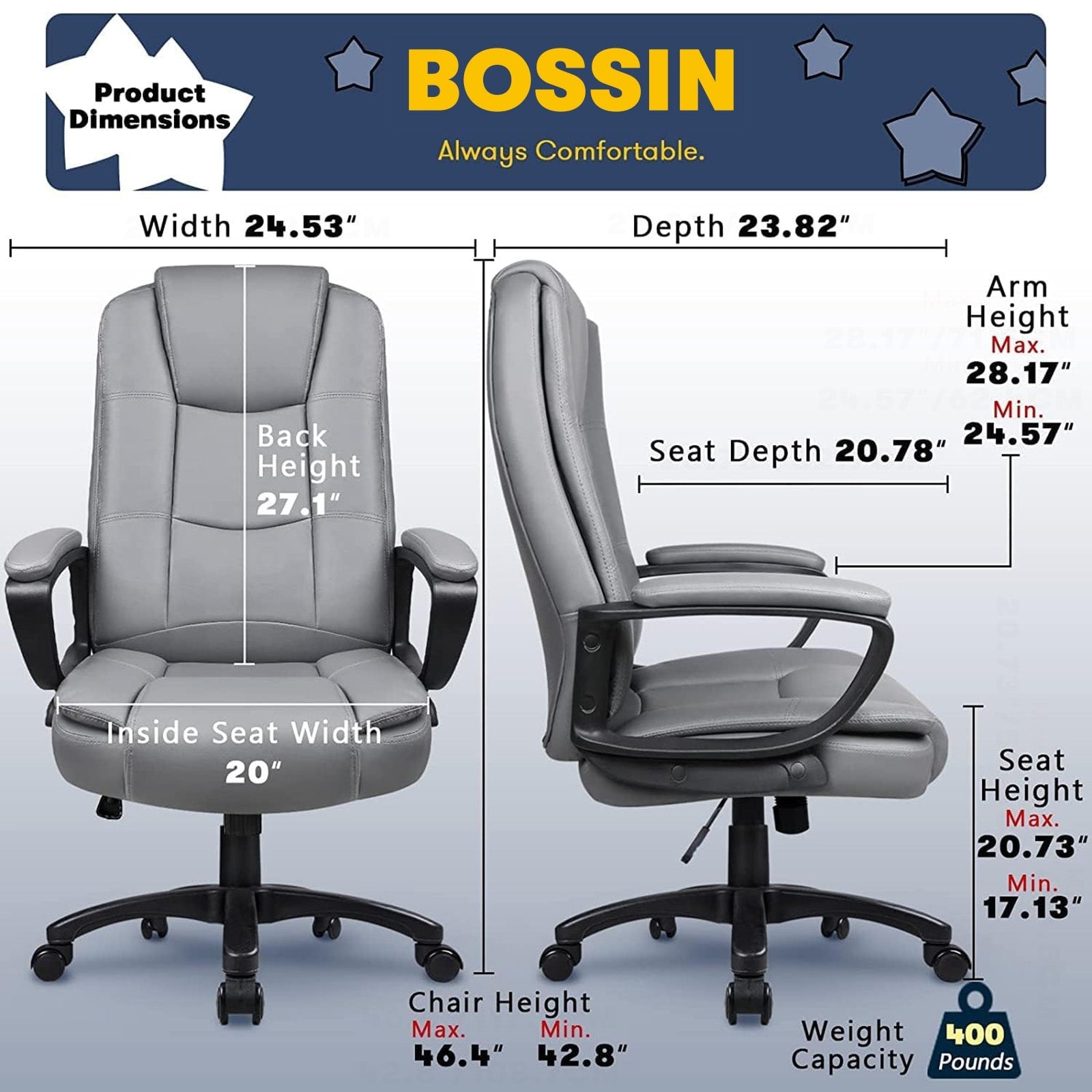Chaise de bureau Bossin Big and Tall, chaise de direction à dossier haut, chaise de direction ergonomique réglable en cuir, 400 lb