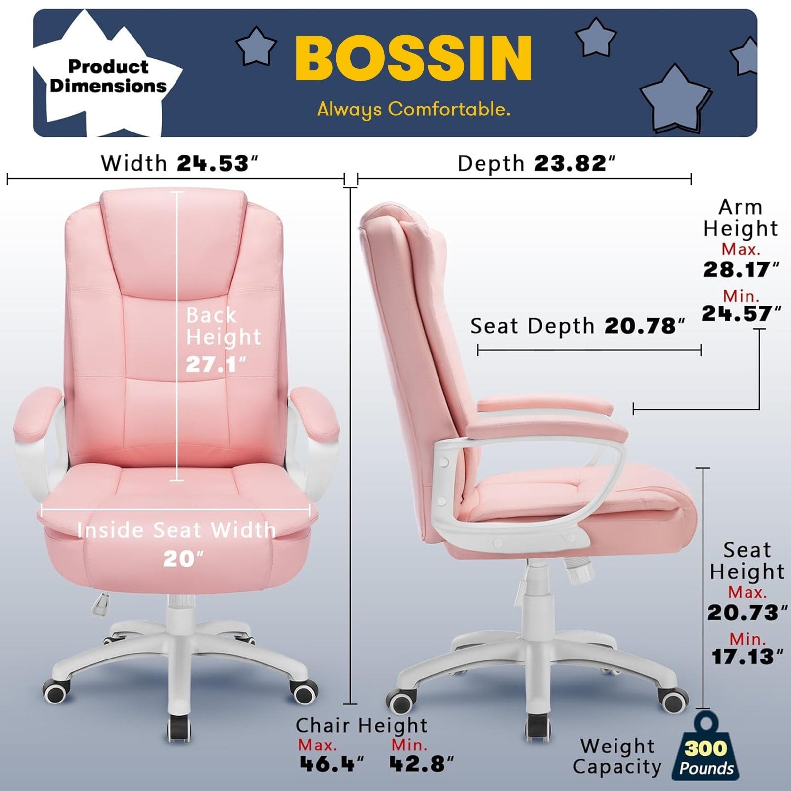Chaise de bureau Bossin Big and Tall, chaise de direction à dossier haut, chaise de direction ergonomique réglable en cuir, 400 lb