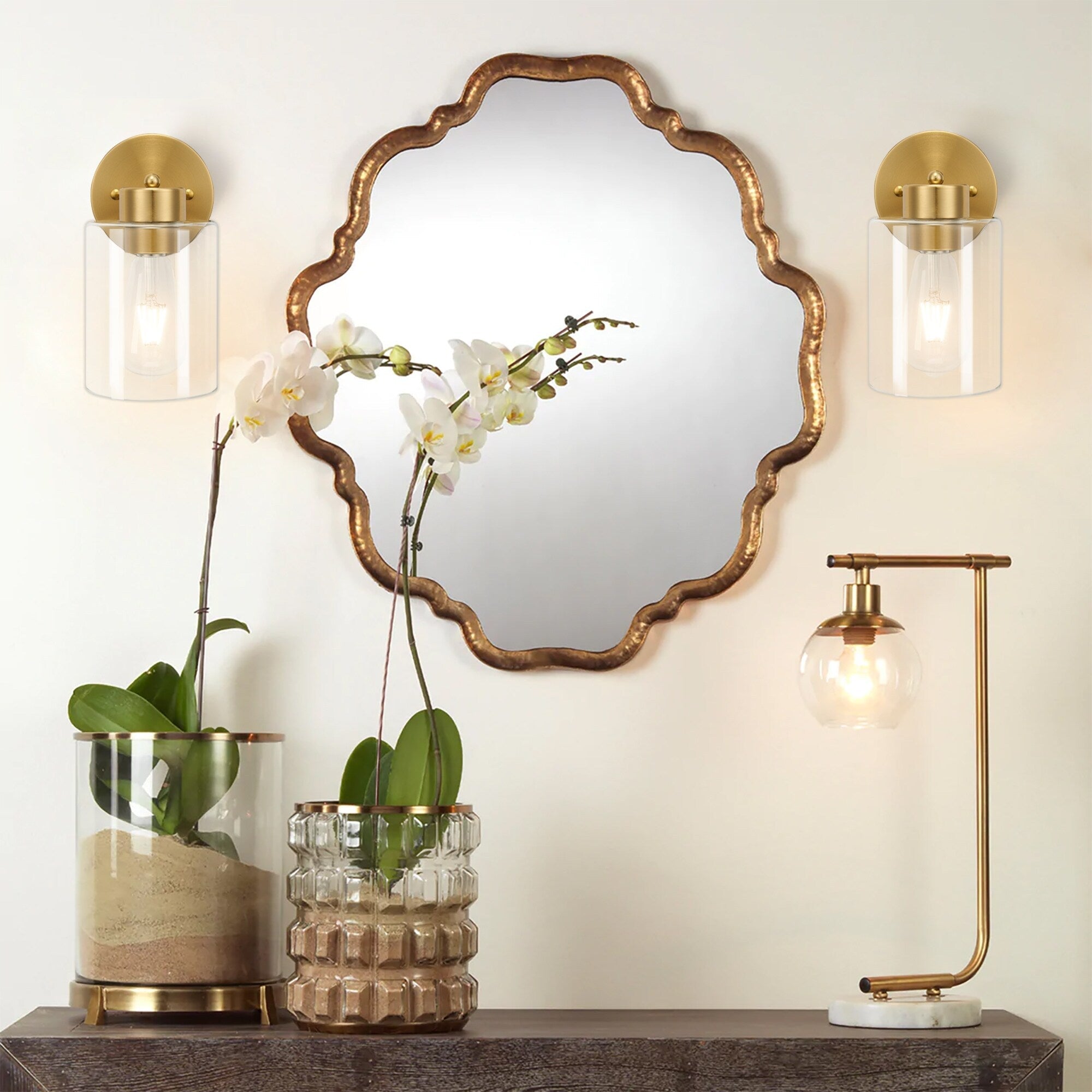 Lot de 2 appliques murales dorées, luminaire de salle de bain avec abat-jour cylindrique, chrome/nickel brossé/bronze huilé