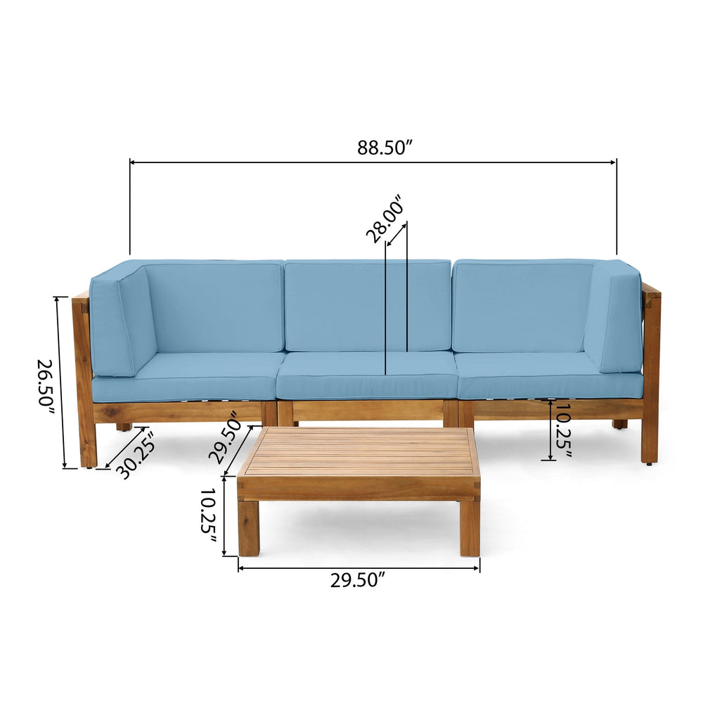 Ensemble de canapés d'extérieur 3 places en bois d'acacia Brava avec table basse et coussins par Christopher Knight Home