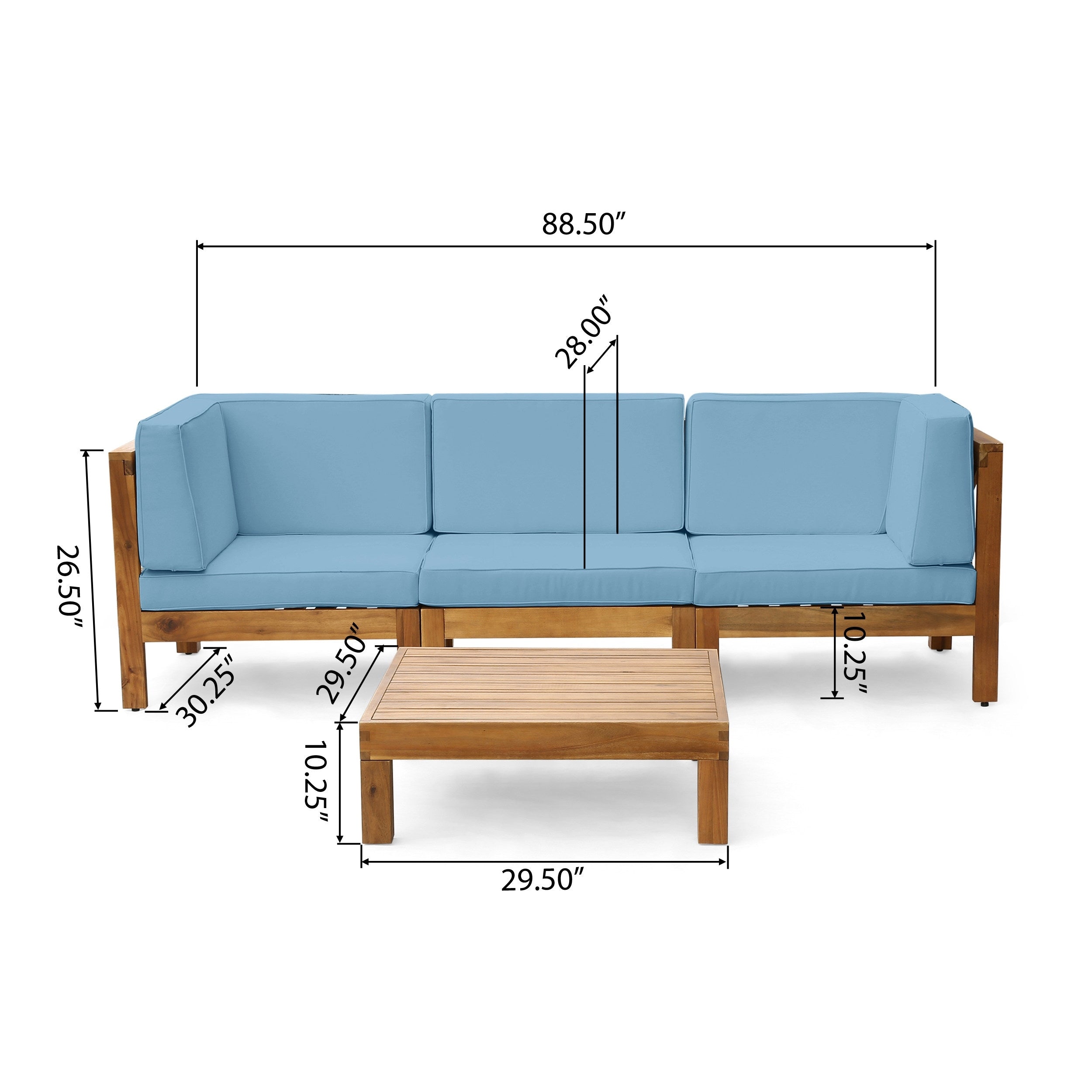 Ensemble de canapés d'extérieur 3 places en bois d'acacia Brava avec table basse et coussins par Christopher Knight Home
