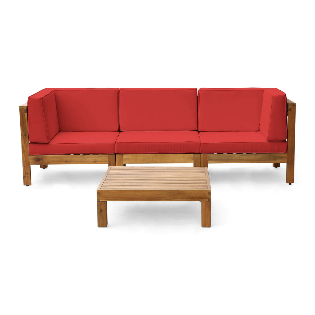 Ensemble de canapés d'extérieur 3 places en bois d'acacia Brava avec table basse et coussins par Christopher Knight Home