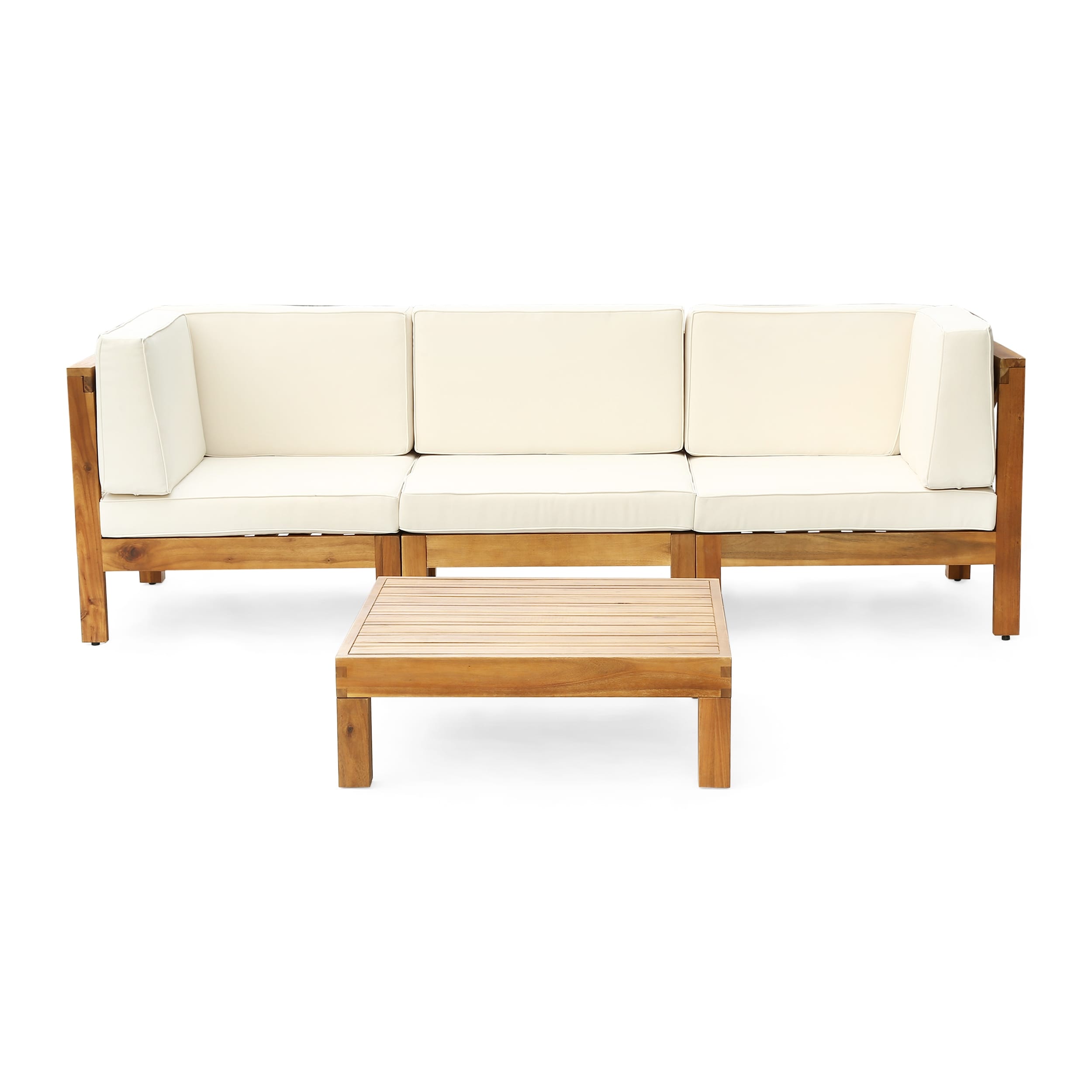 Ensemble de canapés d'extérieur 3 places en bois d'acacia Brava avec table basse et coussins par Christopher Knight Home