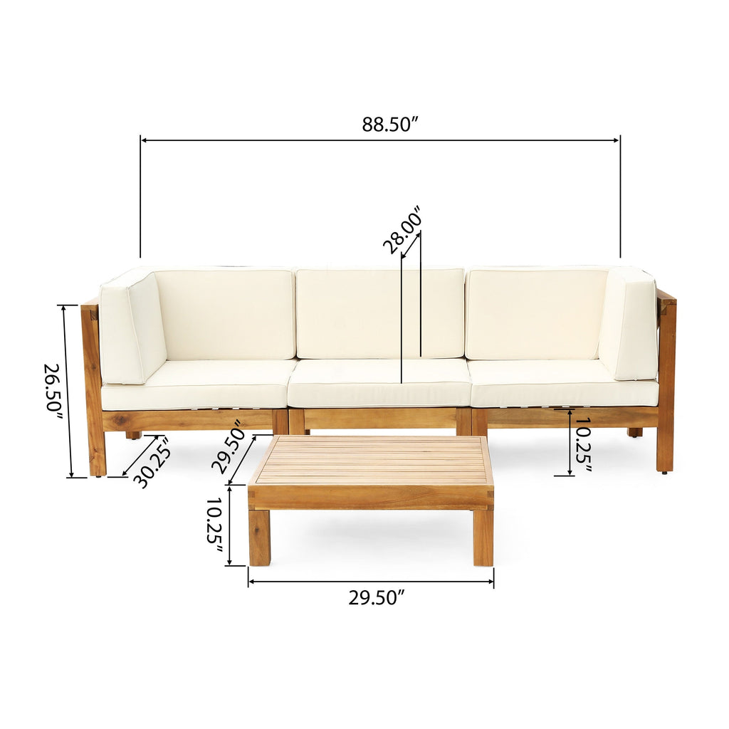 Ensemble de canapés d'extérieur 3 places en bois d'acacia Brava avec table basse et coussins par Christopher Knight Home