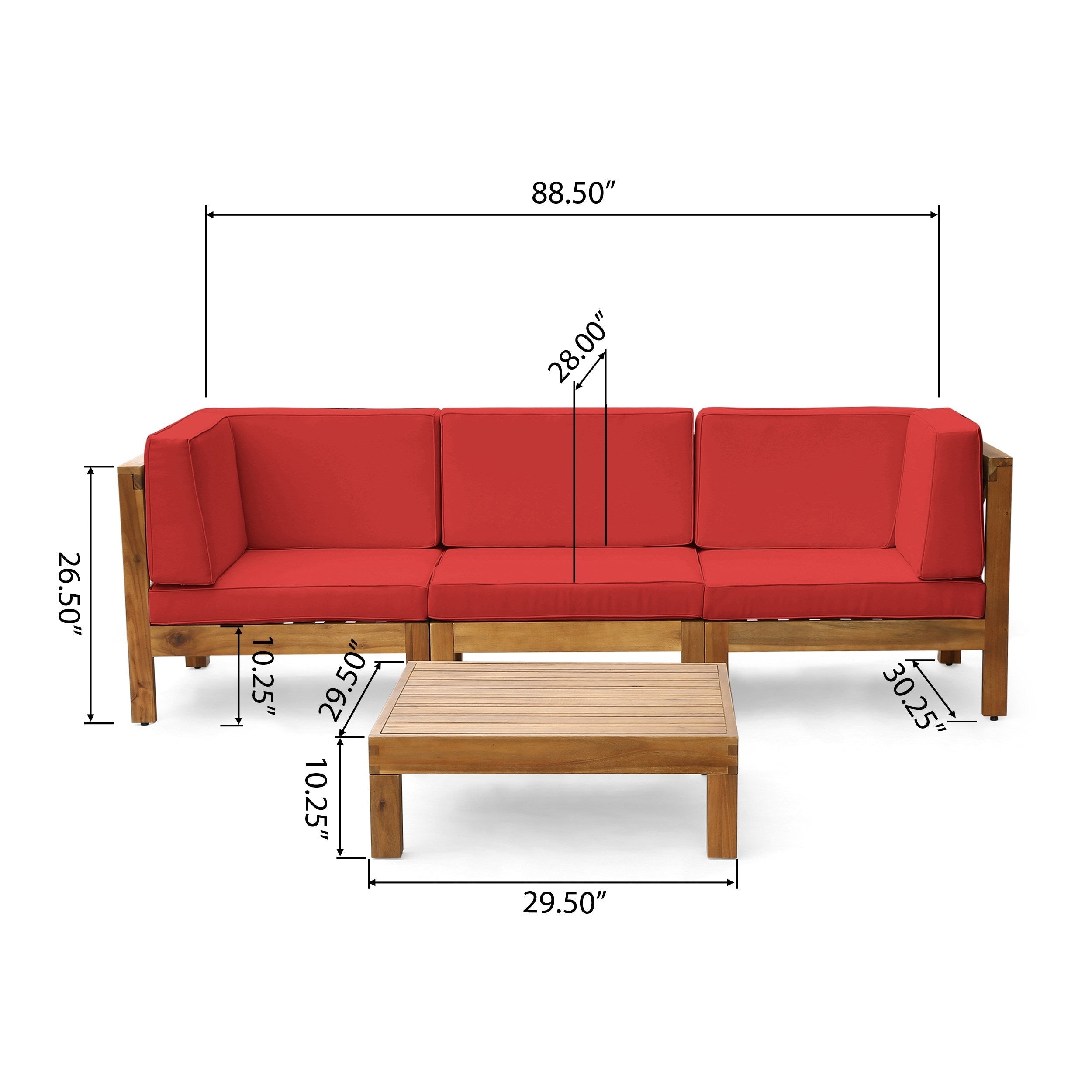 Ensemble de canapés d'extérieur 3 places en bois d'acacia Brava avec table basse et coussins par Christopher Knight Home