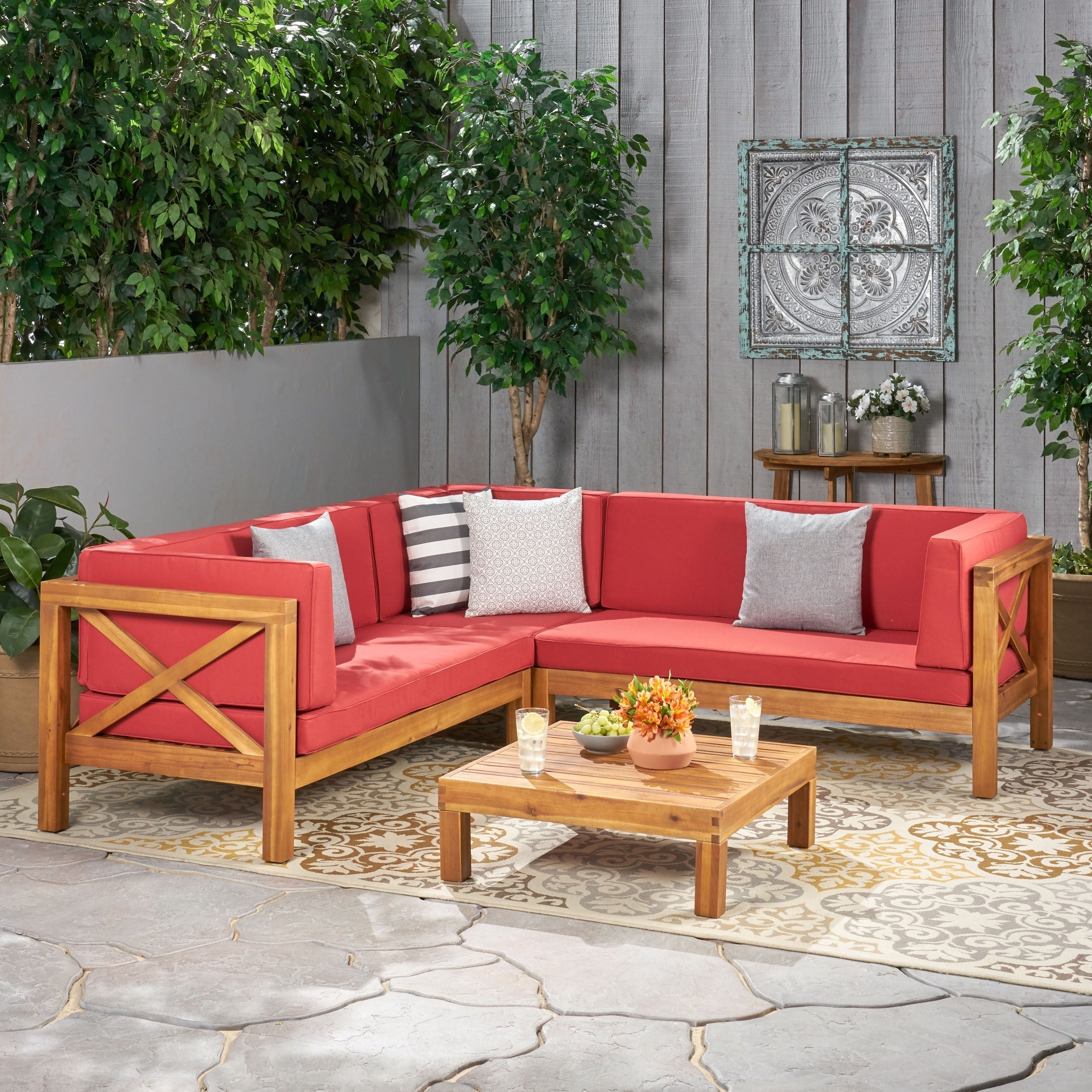 Ensemble de salon d'extérieur sectionnel Brava en acacia par Christopher Knight Home - 88,50 L x 88,50 l x 26,50 H