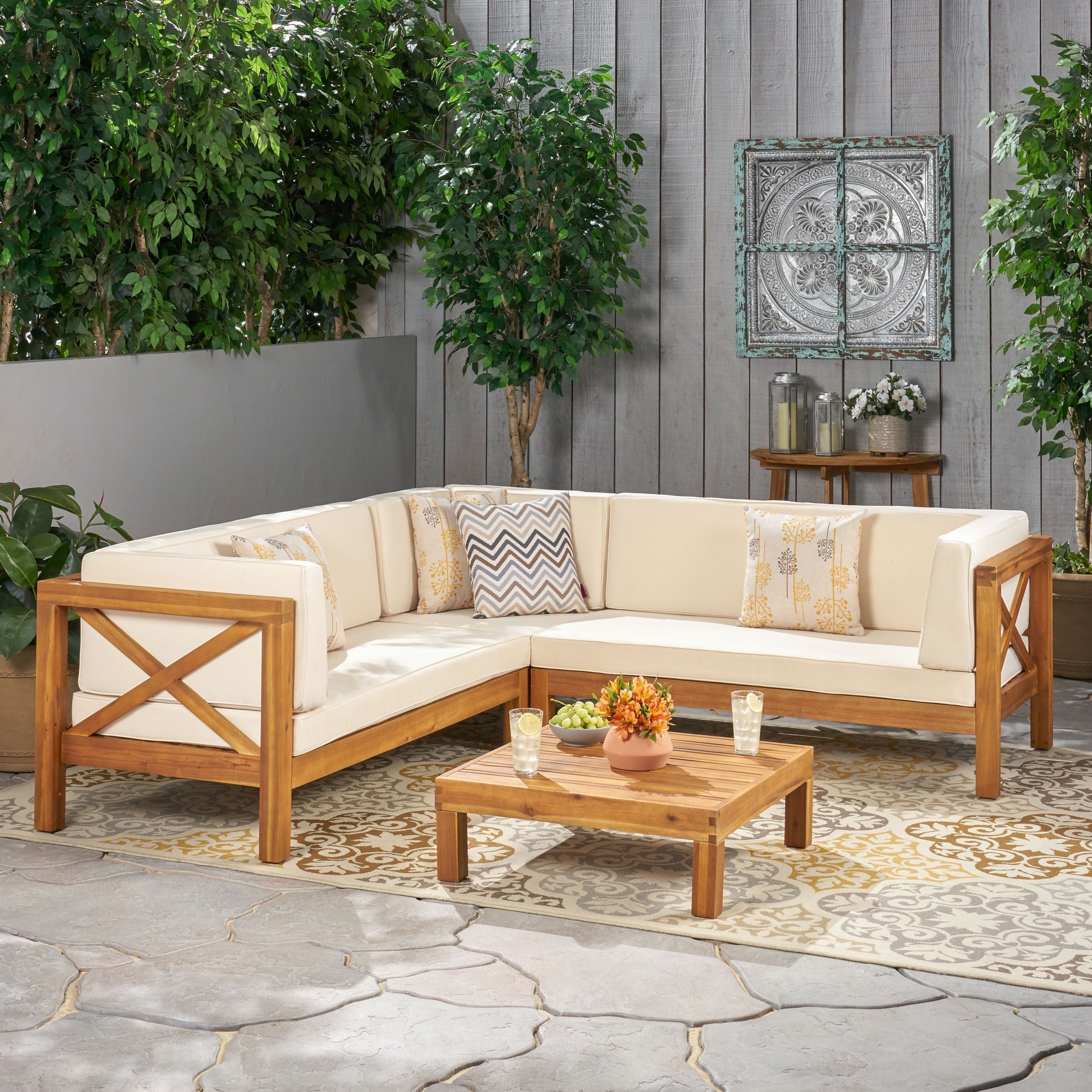 Ensemble de salon d'extérieur sectionnel Brava en acacia par Christopher Knight Home - 88,50 L x 88,50 l x 26,50 H