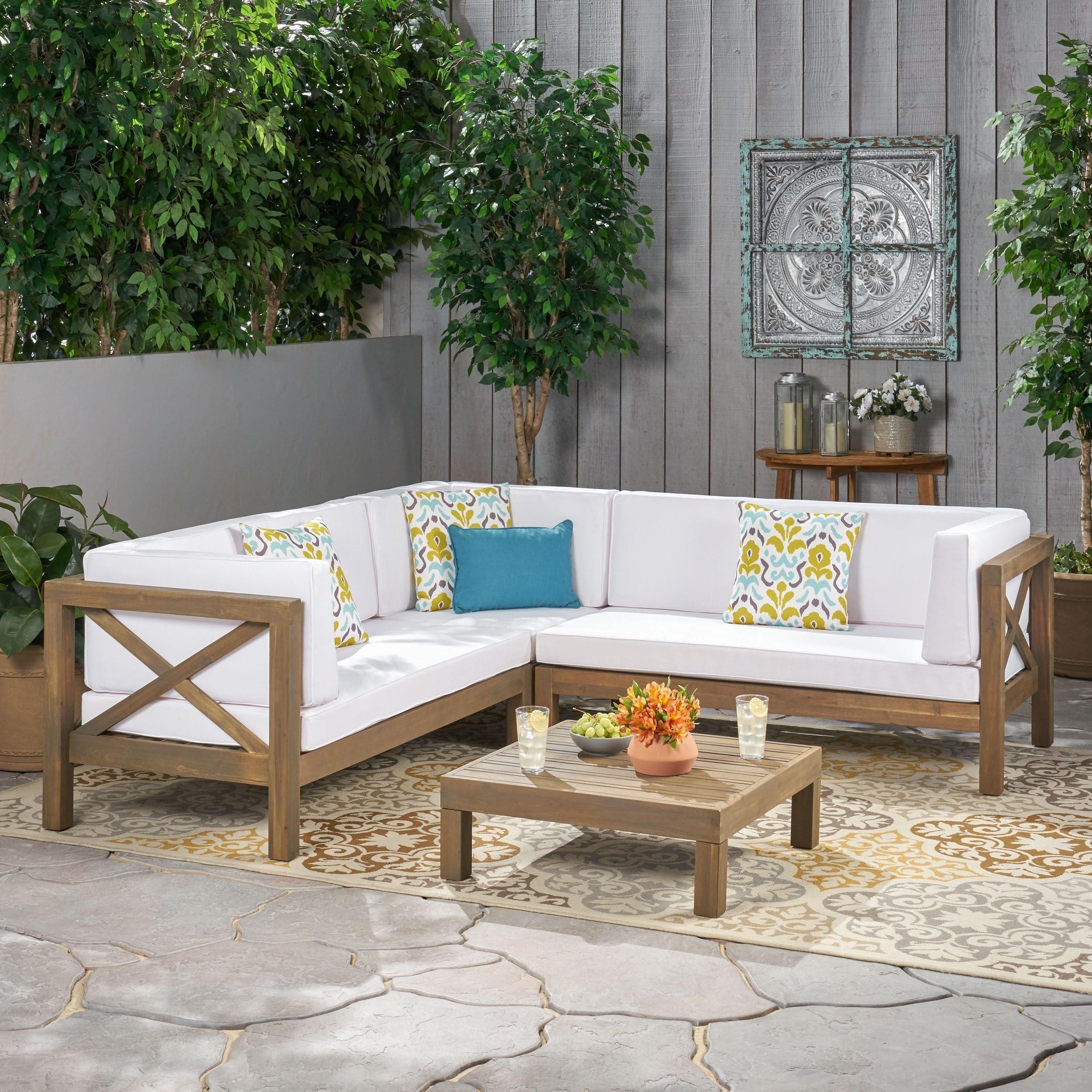 Ensemble de salon d'extérieur sectionnel Brava en acacia par Christopher Knight Home - 88,50 L x 88,50 l x 26,50 H