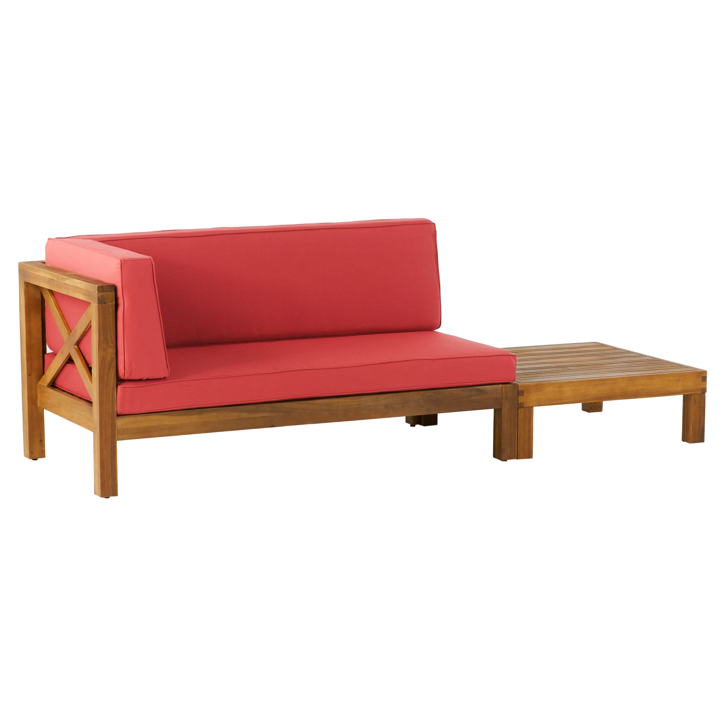 Ensemble causeuse et table basse d'extérieur Brava en bois d'acacia avec accoudoir gauche et coussin par Christopher Knight Home