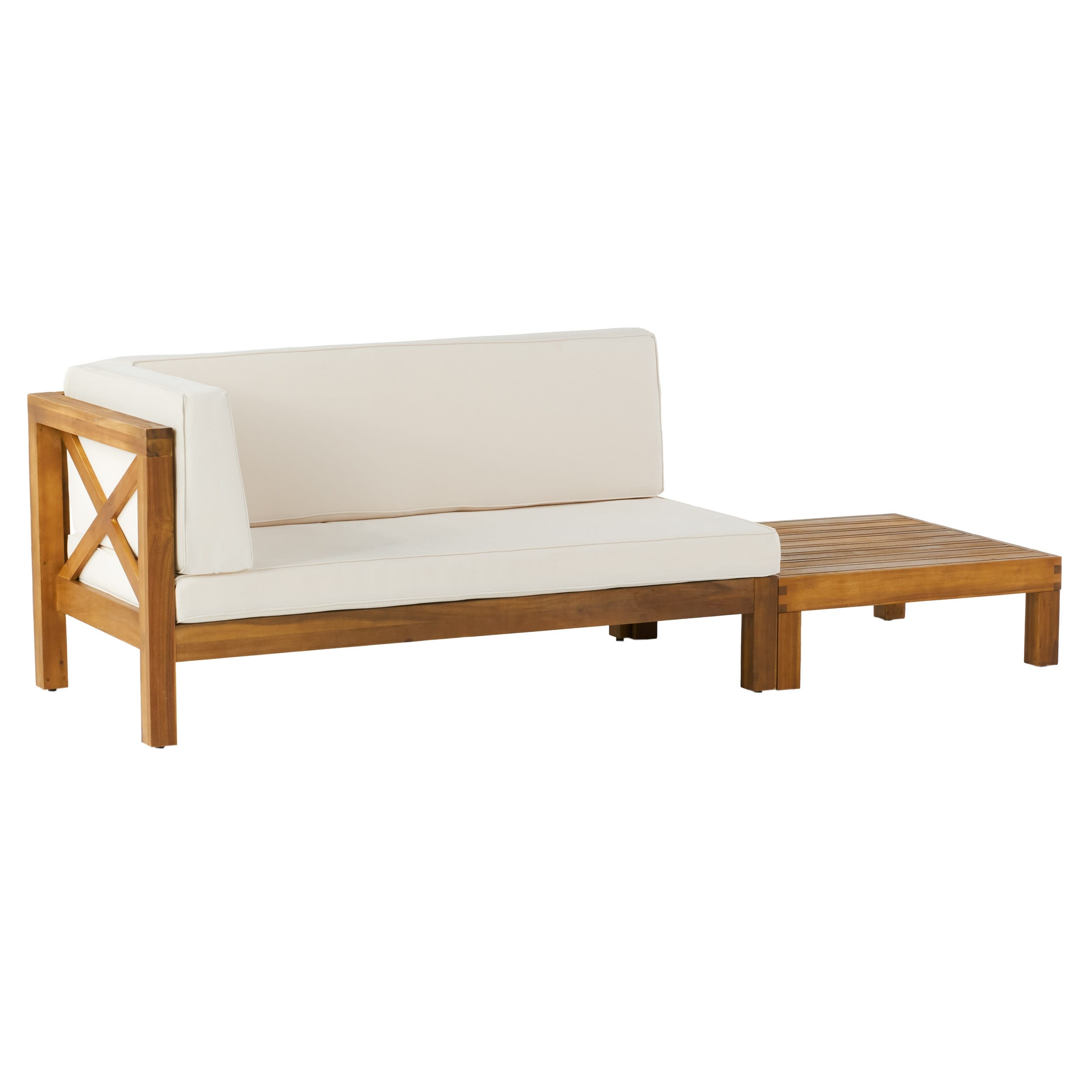 Ensemble causeuse et table basse d'extérieur Brava en bois d'acacia avec accoudoir gauche et coussin par Christopher Knight Home