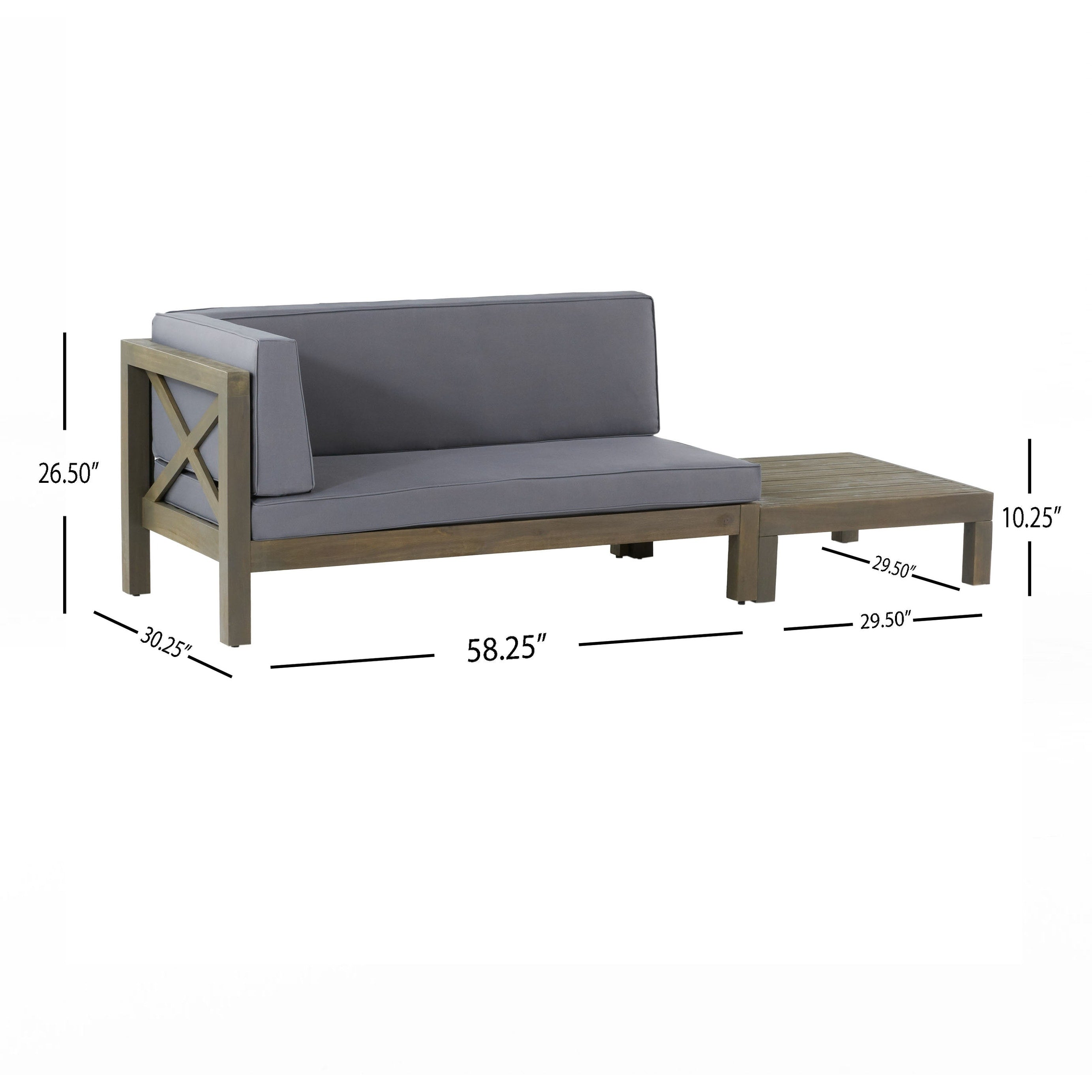 Ensemble causeuse et table basse d'extérieur Brava en bois d'acacia avec accoudoir gauche et coussin par Christopher Knight Home
