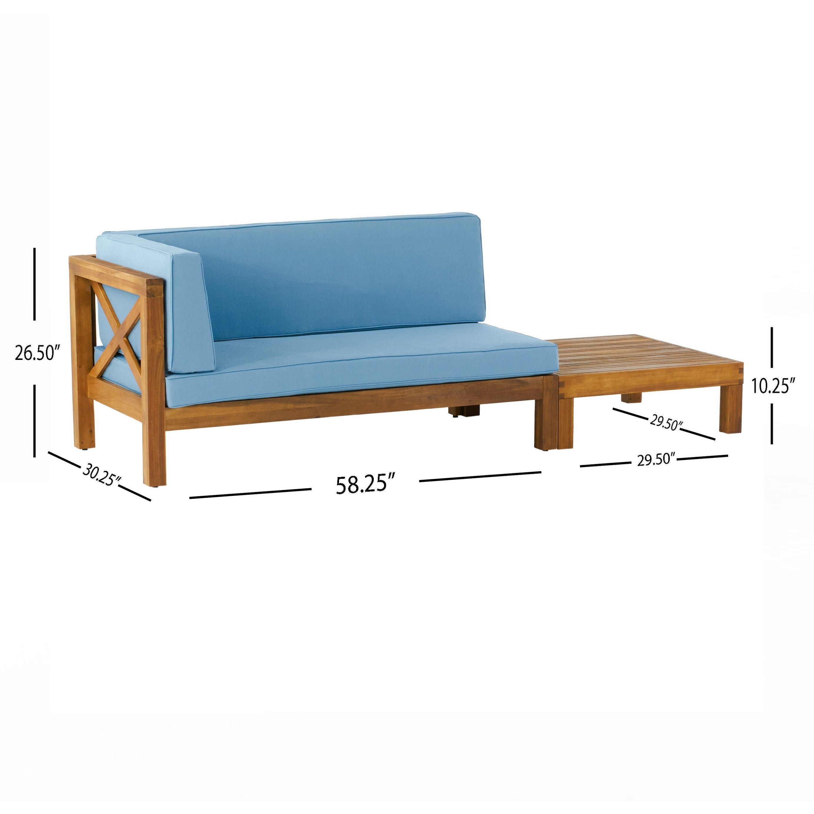 Ensemble causeuse et table basse d'extérieur Brava en bois d'acacia avec accoudoir gauche et coussin par Christopher Knight Home