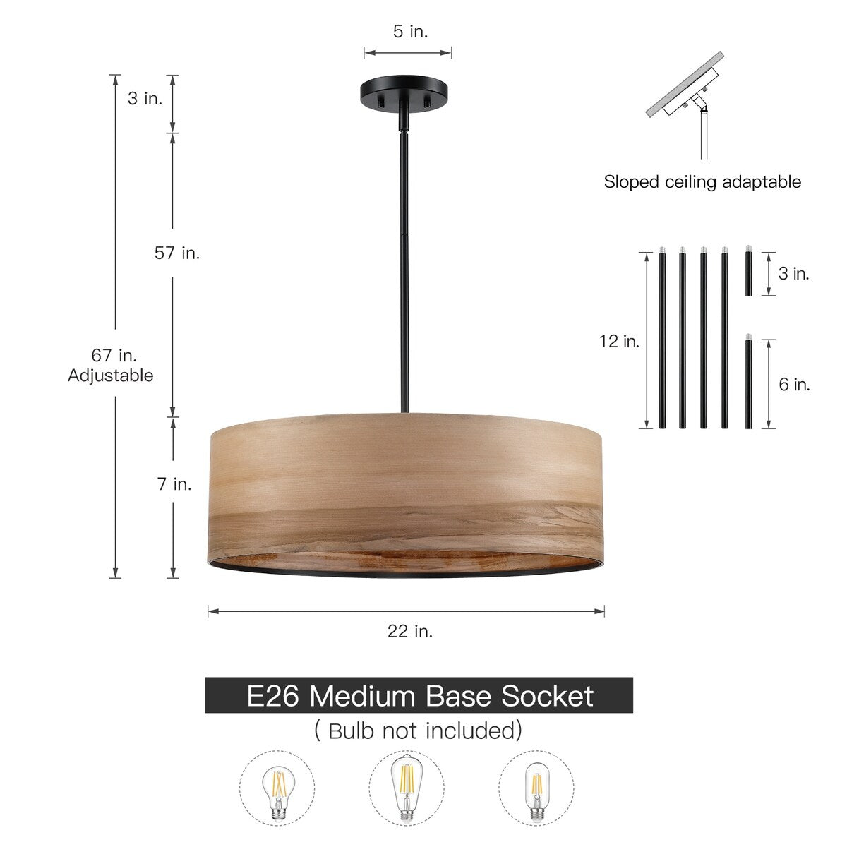 Lustre tambour Breaux à 4 lumières en placage de bois avec auvent noir – 22 po de largeur