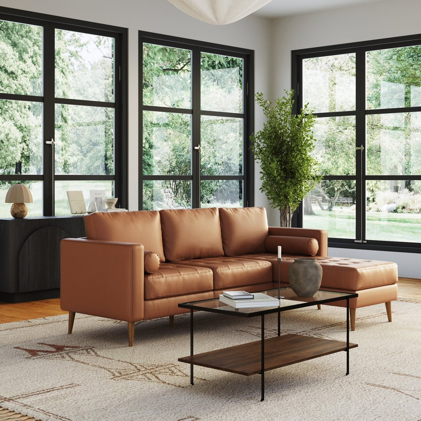 Canapé Breeze Mid-Century moderne, canapé en cuir avec coussin capitonné et cadre en bois massif