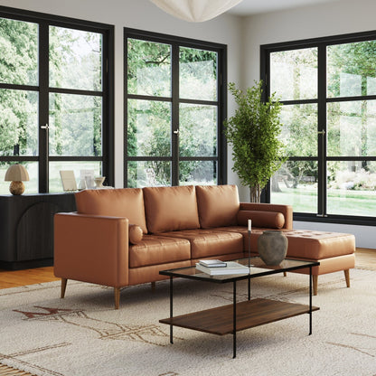 Canapé Breeze Mid-Century moderne, canapé en cuir avec coussin capitonné et cadre en bois massif