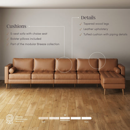 Canapé Breeze Mid-Century moderne, canapé en cuir avec coussin capitonné et cadre en bois massif