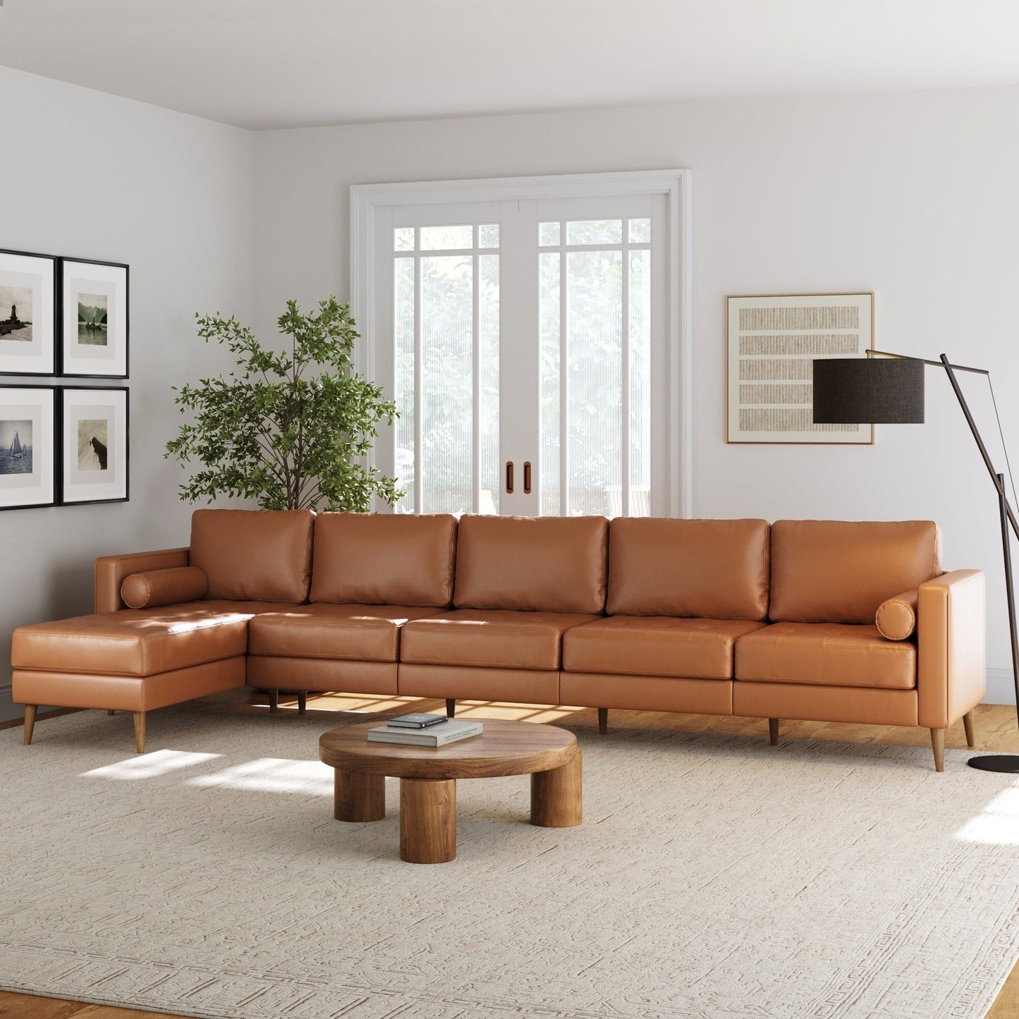 Canapé Breeze Mid-Century moderne, canapé en cuir avec coussin capitonné et cadre en bois massif